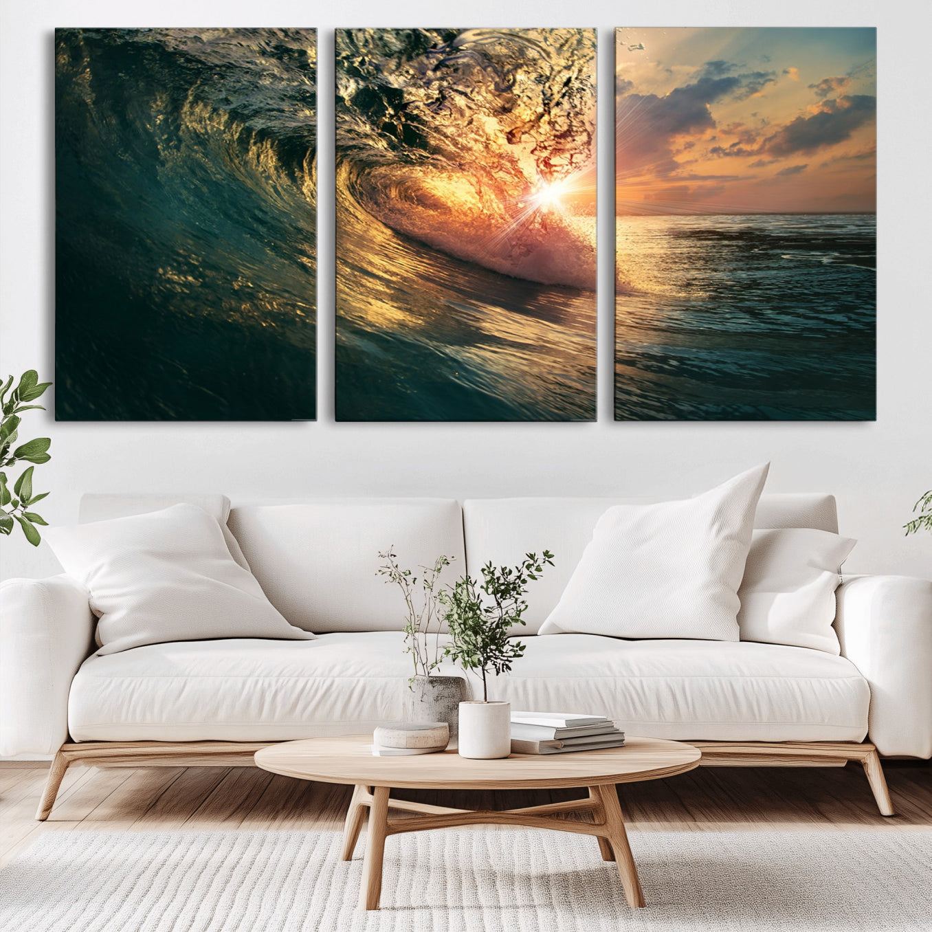 -Ocean Wave Sunset Canvas Wall Art – Triptych Seascape Print – Framed and Ready to Hang for Living