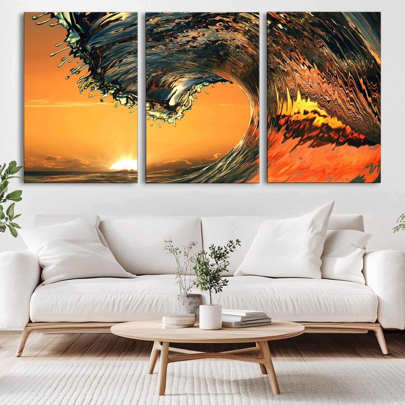 -Surf Wave Sunset Canvas Wall Art Print, 3-Panel Ocean Coastal Wall Art Print, Ocean Decor for