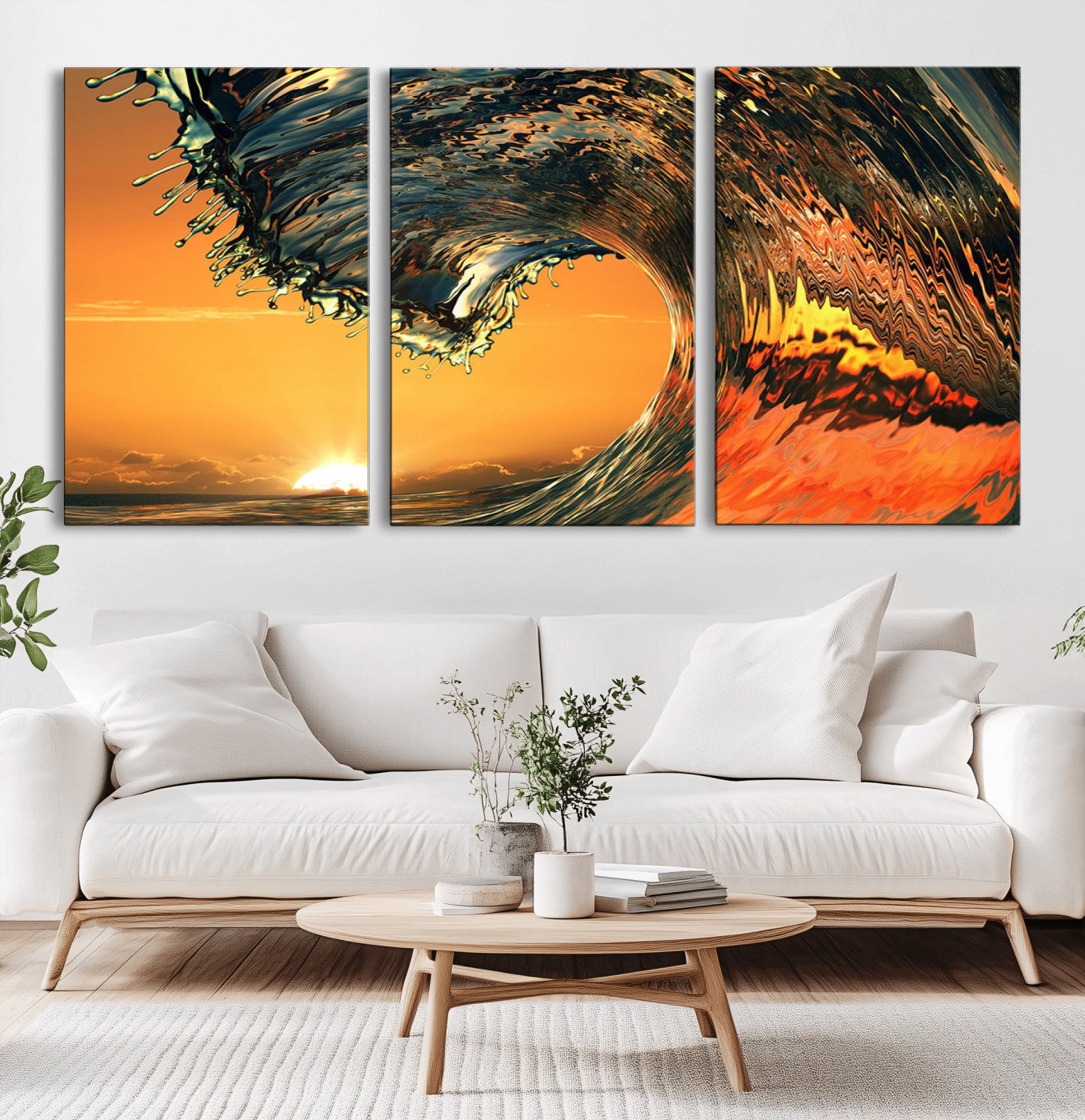 -Surf Wave Sunset Canvas Wall Art Print, 3-Panel Ocean Coastal Wall Art Print, Ocean Decor for