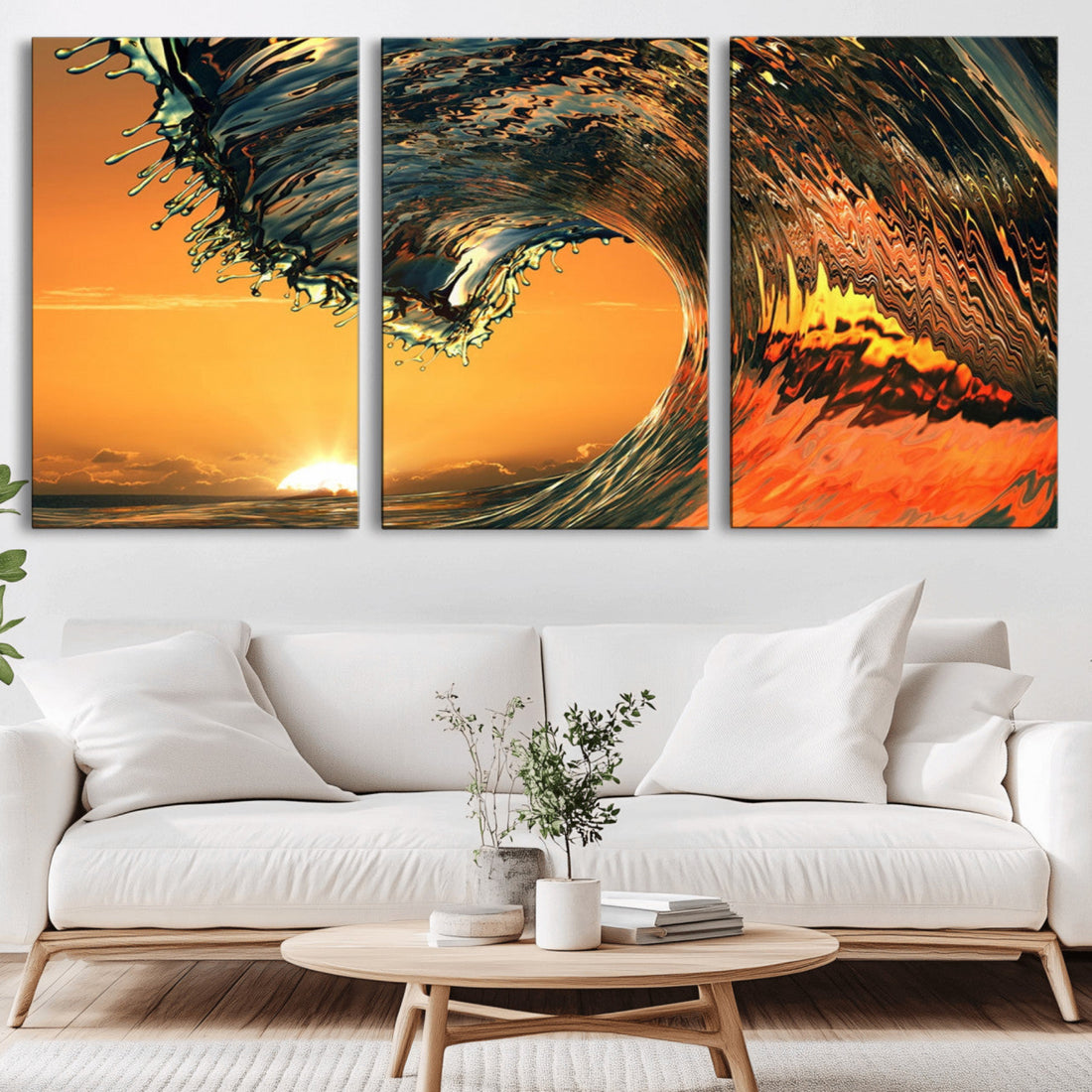 Surf Wave Sunset Canvas Wall Art Print, 3-Panel Ocean Coastal Wall Art