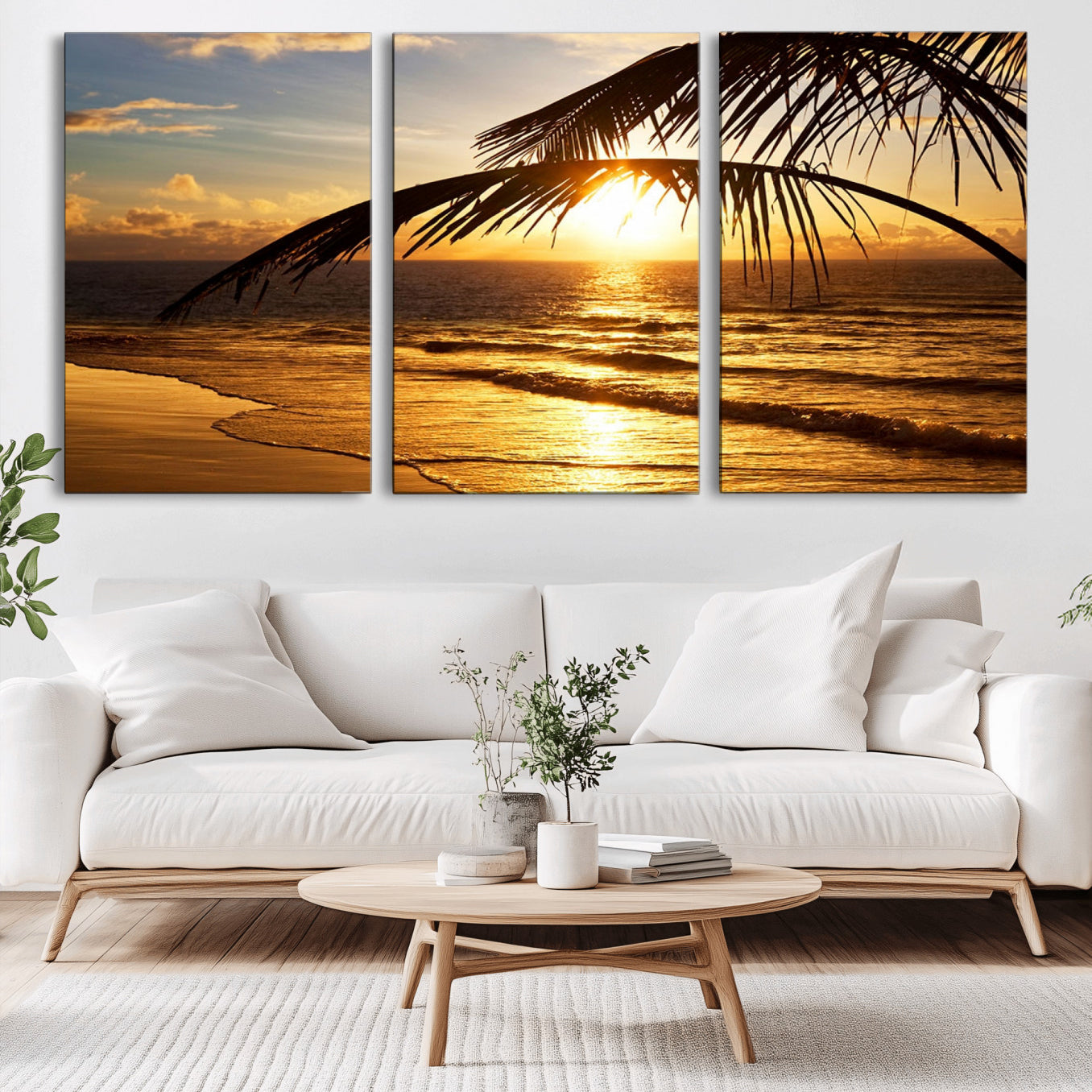 -Golden Tropical Beach Sunset Canvas Triptych, Coastal Palm Tree Wall Art, Ocean Shoreline Giclee