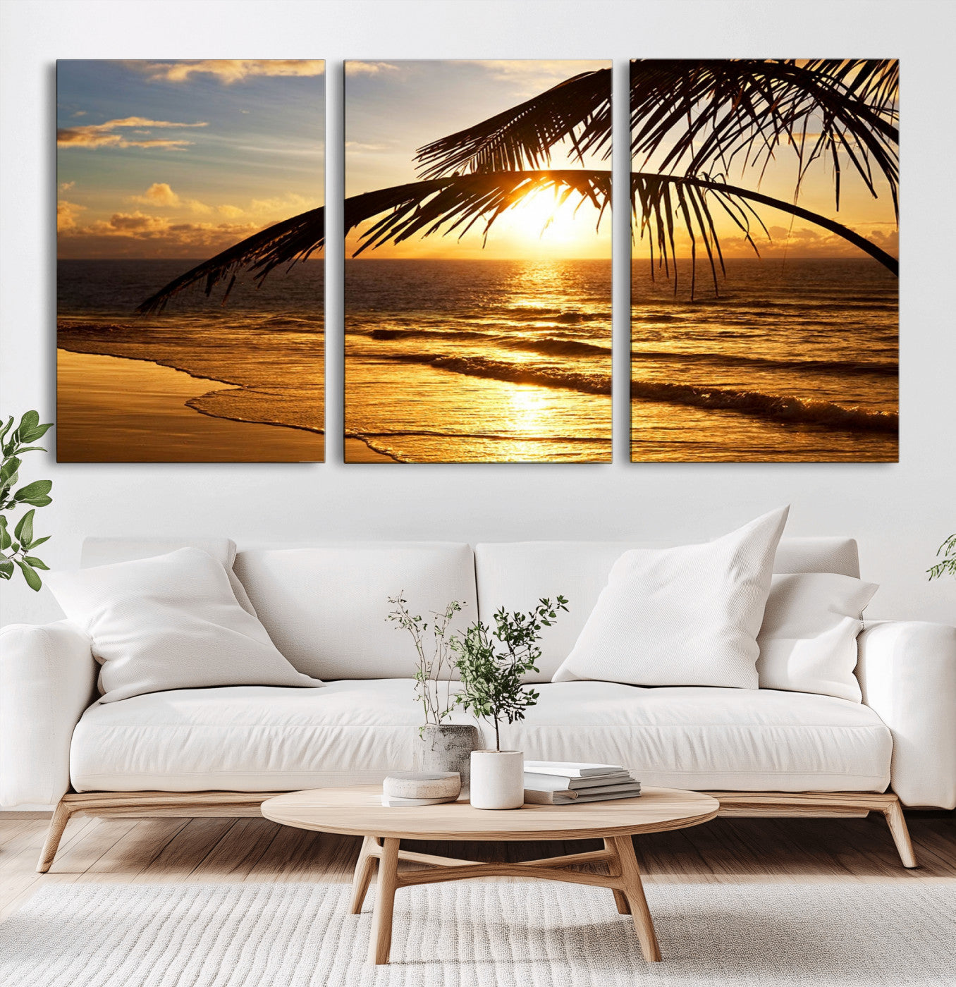 -Golden Tropical Beach Sunset Canvas Triptych, Coastal Palm Tree Wall Art, Ocean Shoreline Giclee