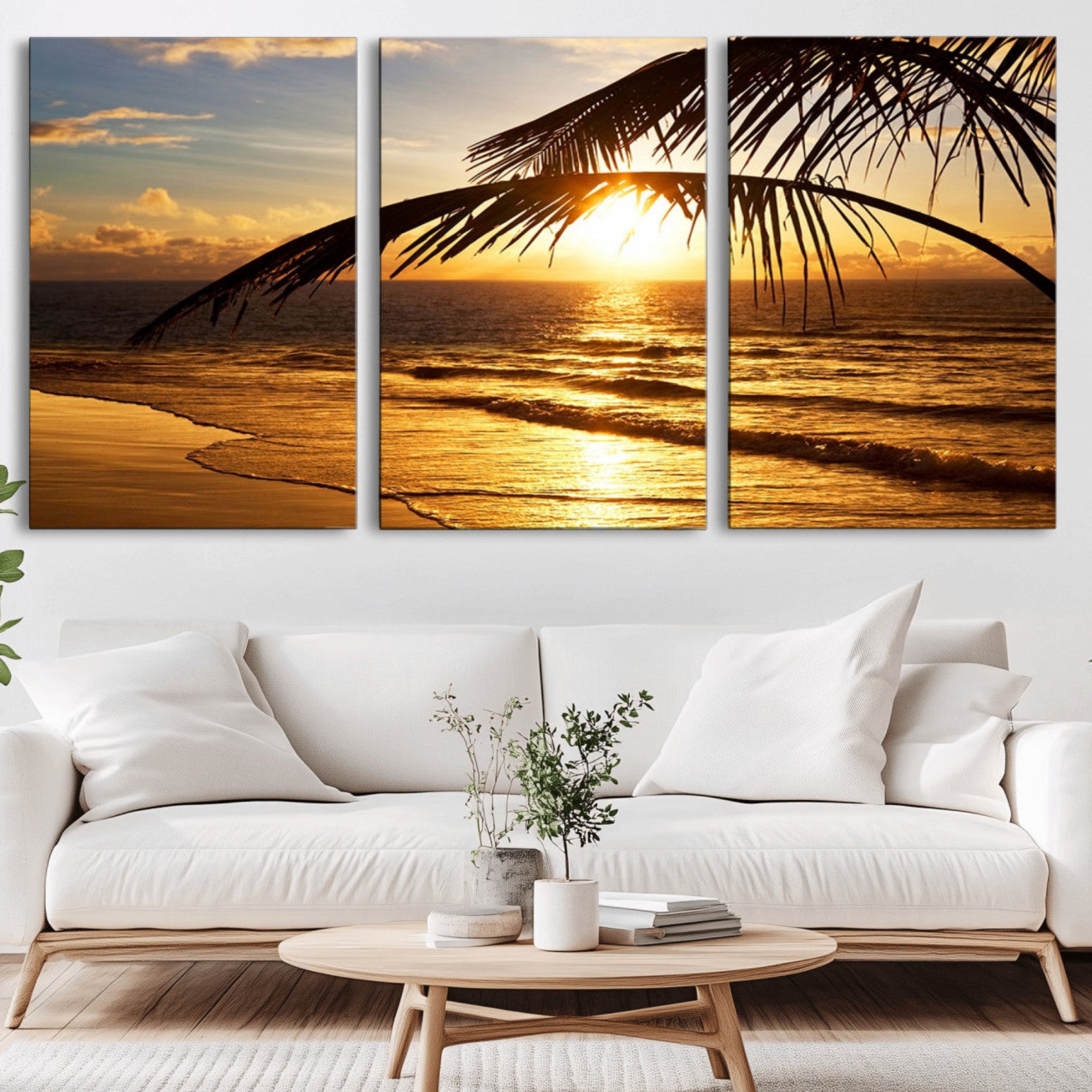 41507-MGV-CV-36X24-Golden Tropical Beach Sunset Canvas Triptych, Coastal Palm Tree Wall Art, Ocean Shoreline Giclee