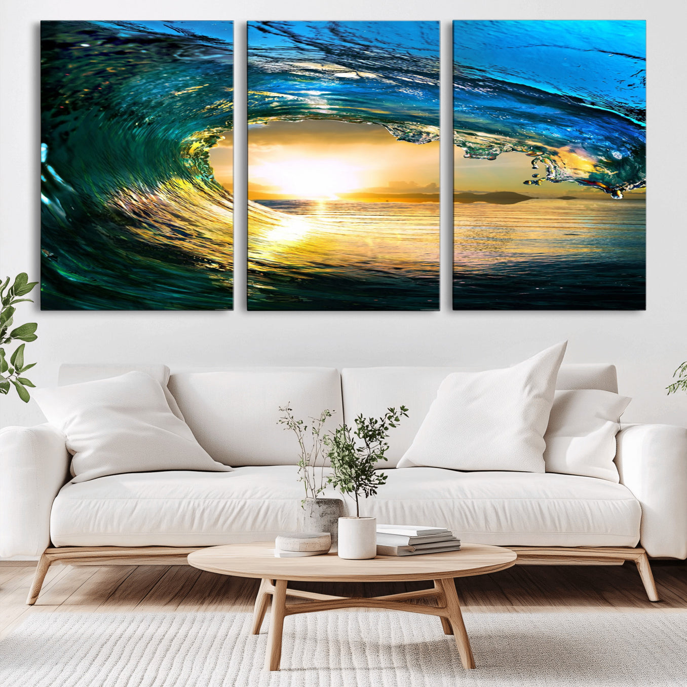 -Ocean Wave at Sunset Canvas Art, Large Wall Print of Vibrant Water Waves, Coastal Art for Living