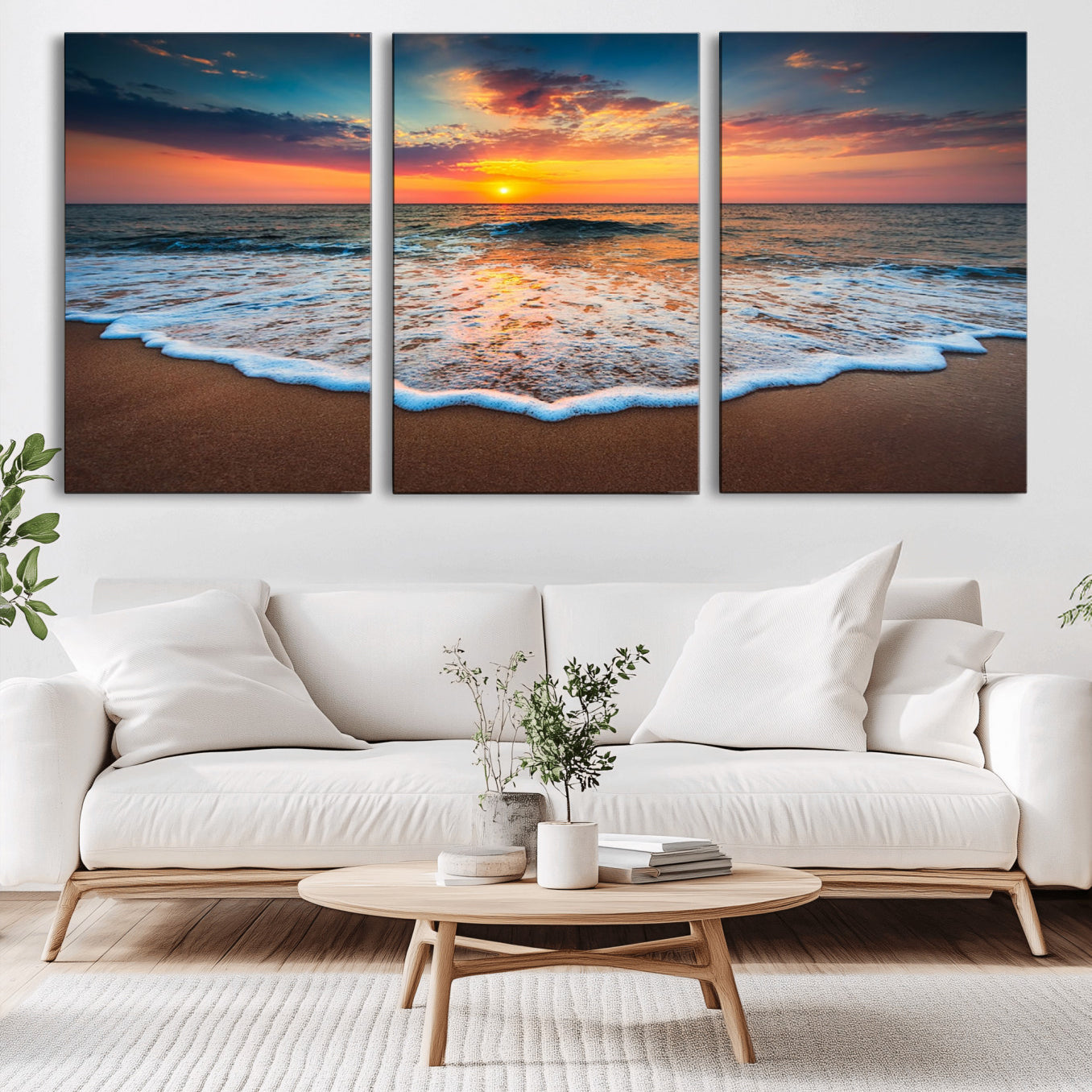 -Sunset Beach Canvas Wall Art – Colorful Ocean Waves Triptych – Coastal Decor for Living Room or