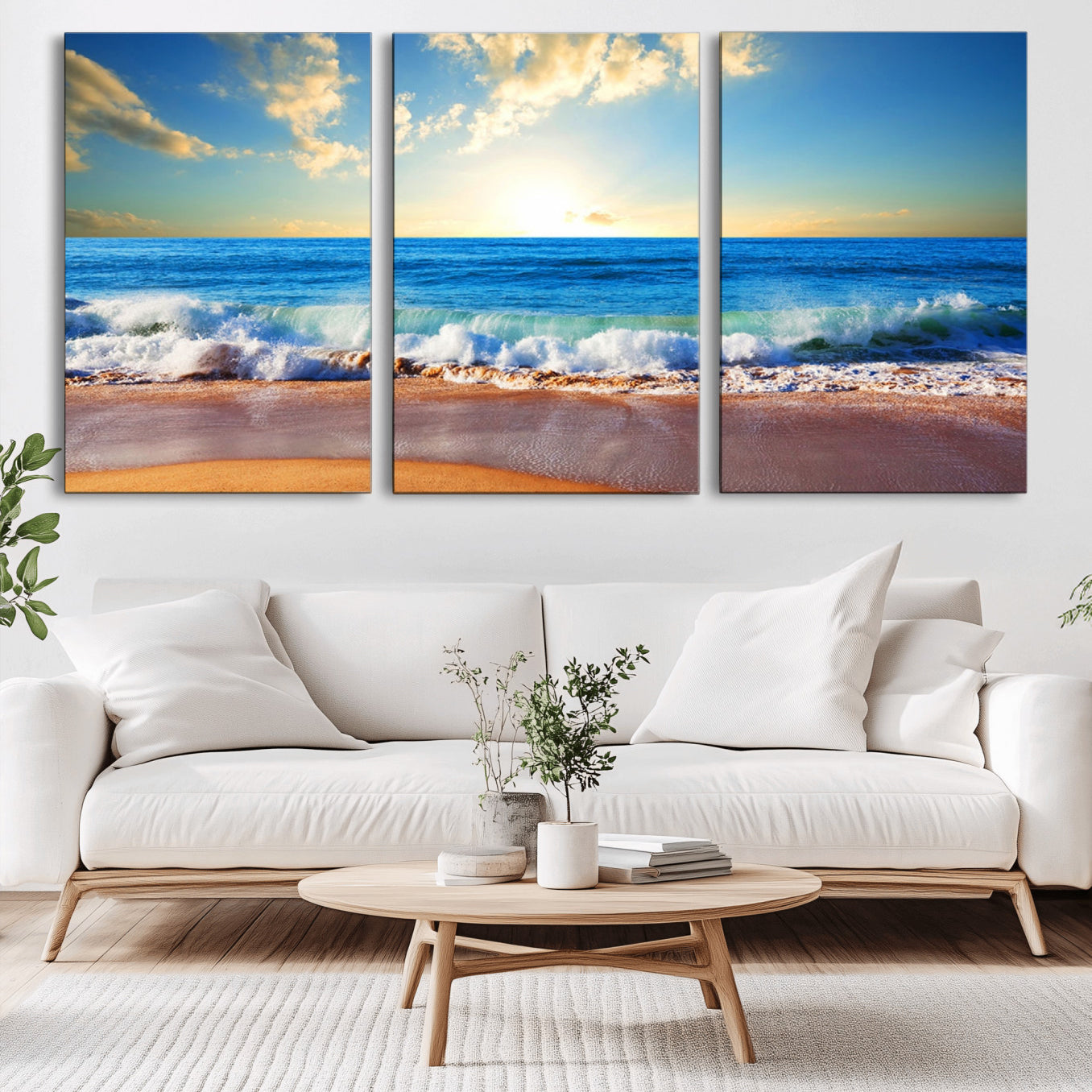 -Tropical Beach Sunset Canvas Art, Ocean Waves and Sandy Shoreline Wall Art, Large Beach Decor for