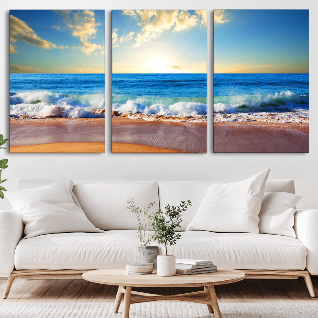 Tropical Beach Sunset Canvas Art, Ocean Waves and Sandy Shoreline Wall Art