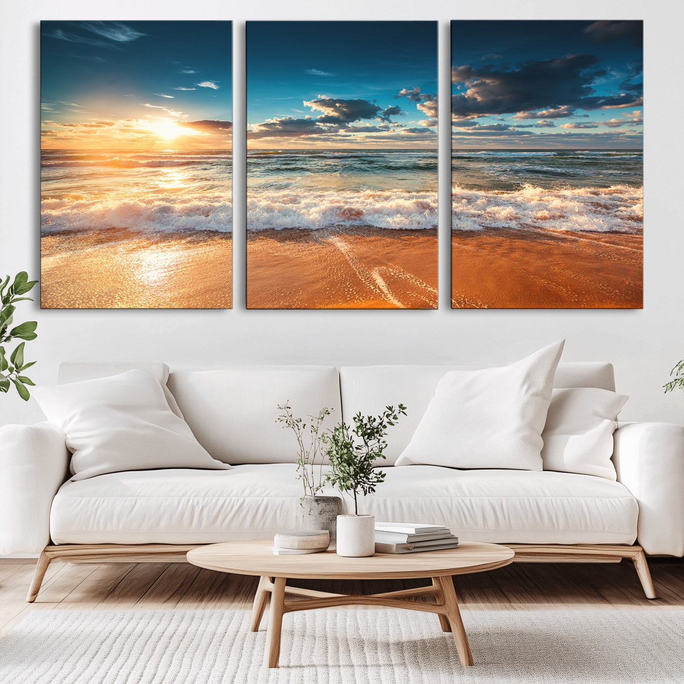 -Golden Sunset Beach Triptych Canvas Art, Giclee Coastal Wall Decor, Ocean Waves Print, Modern Beach