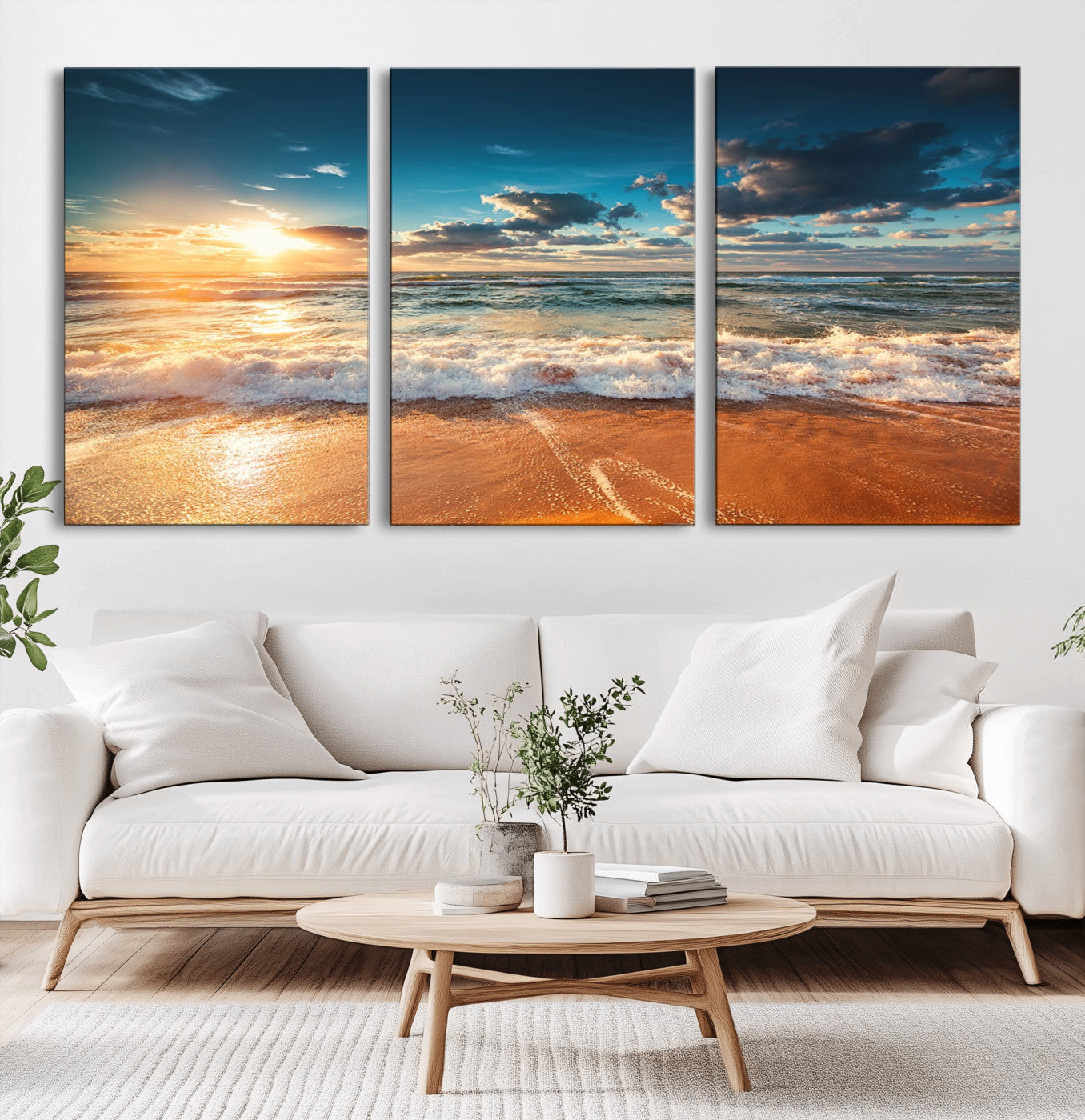 -Golden Sunset Beach Triptych Canvas Art, Giclee Coastal Wall Decor, Ocean Waves Print, Modern Beach