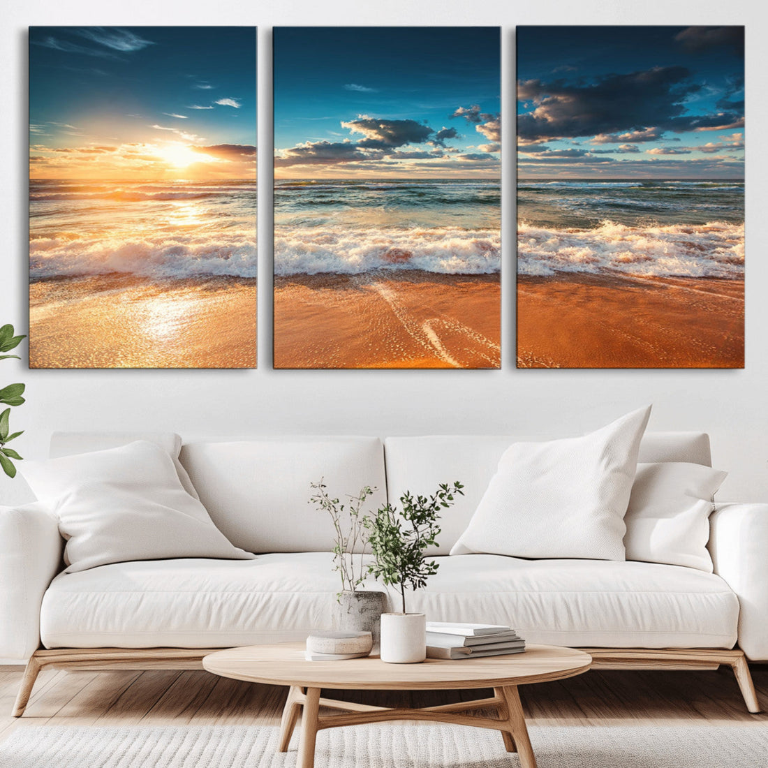 Golden Sunset Beach Triptych Canvas Art, Giclee Coastal Wall Decor, Ocean Waves Print