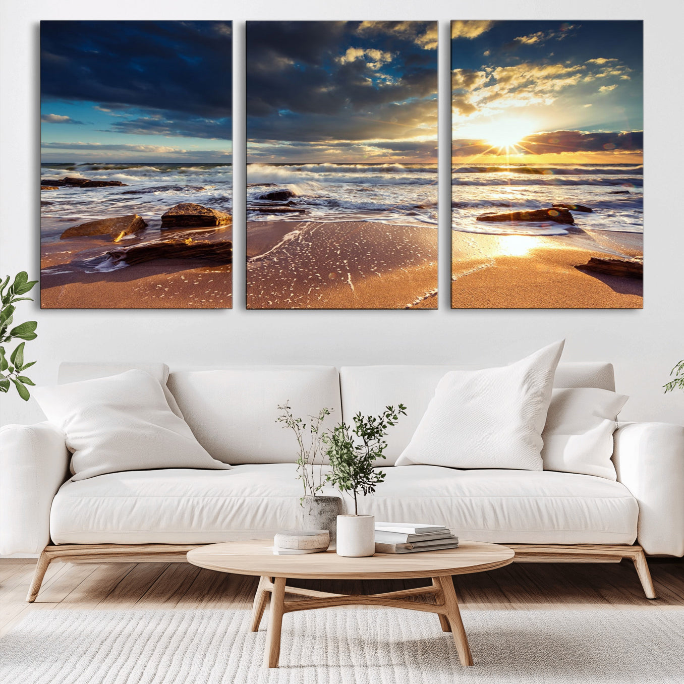 -Golden Hour Beach Sunset Canvas Triptych, Ocean Waves and Rocks Wall Art for Coastal Home Decor