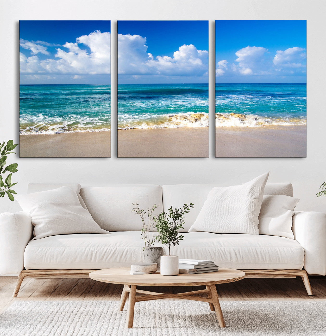 -Tropical Beach 3-Panel Canvas Wall Art – Serene Ocean Waves and Blue Sky Wall Art Print
