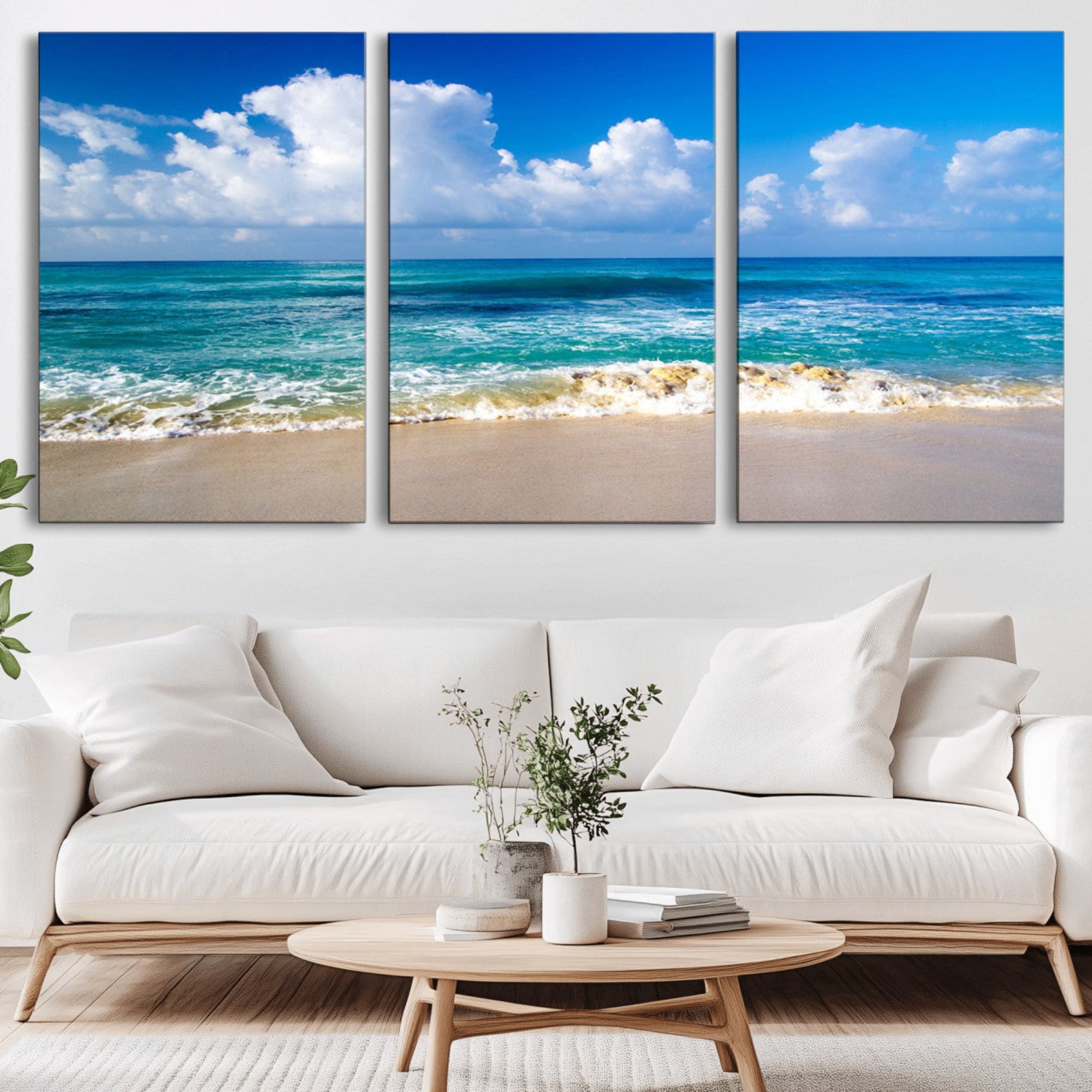 60364-MGV-CV-36X24-Tropical Beach 3-Panel Canvas Wall Art – Serene Ocean Waves and Blue Sky Wall Art Print