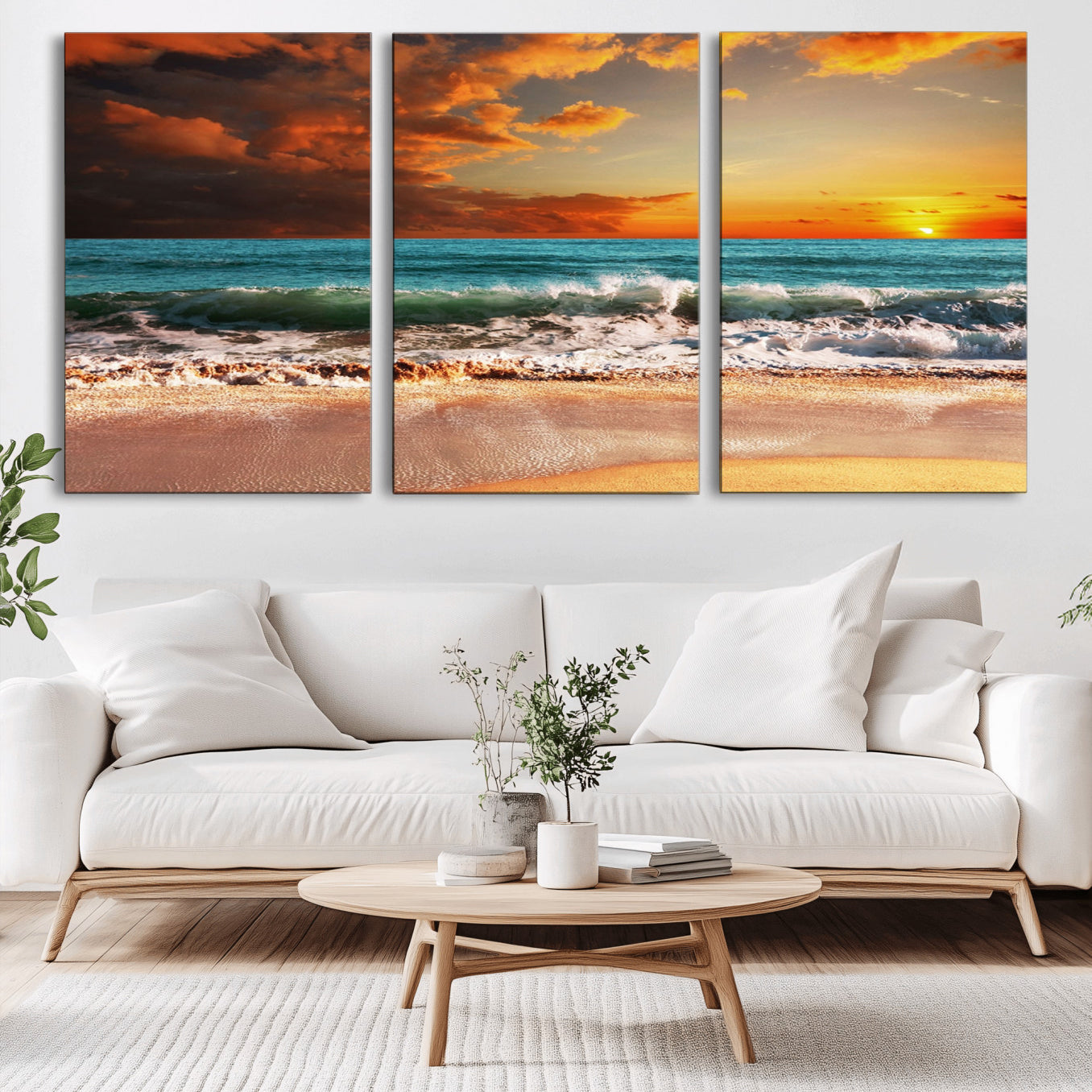 -Golden Sunset Beach Canvas Wall Art – Triptych Seascape Print – Framed and Ready to Hang for Living