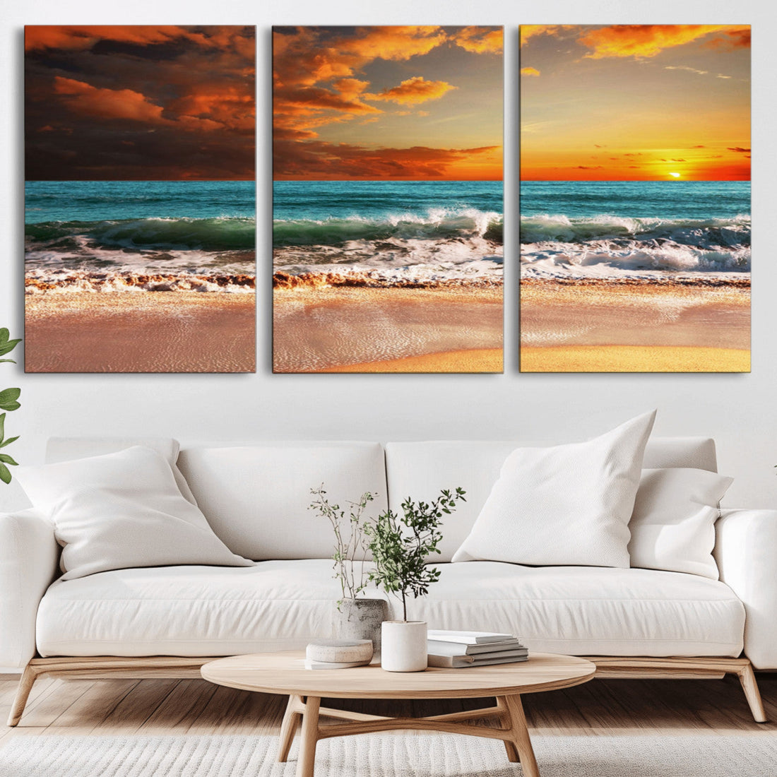 Golden Sunset Beach Canvas Wall Art | Triptych Seascape Print, Framed and Ready to Hang
