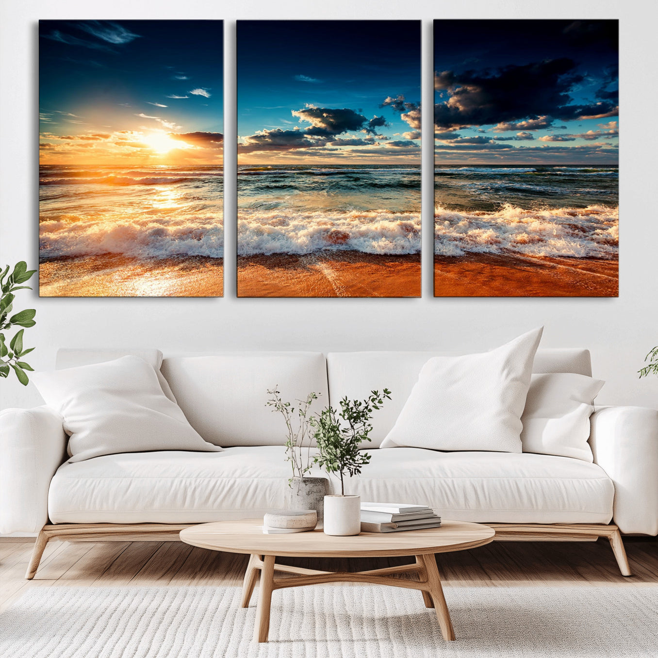 -Golden Hour Sunset Over Ocean Waves Wall Art Canvas Print | 3 Panel Coastal Landscape Canvas Wall