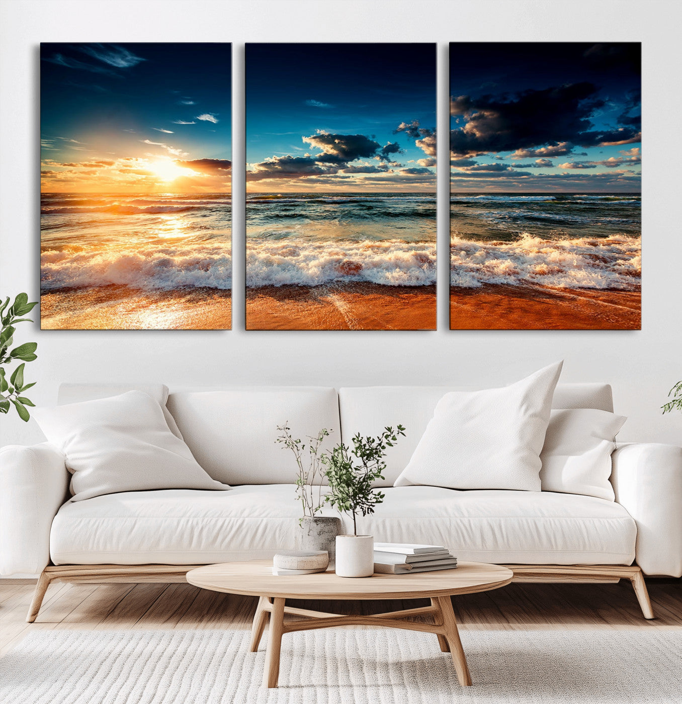 -Golden Hour Sunset Over Ocean Waves Wall Art Canvas Print | 3 Panel Coastal Landscape Canvas Wall