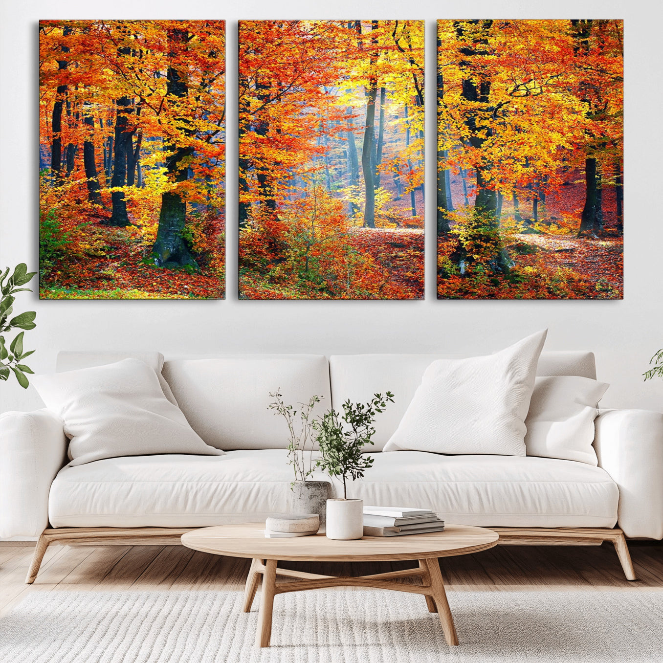 91746-MGV-CV-36X24-Autumn Red Forest Triptych Canvas Wall Art Print, Forest Wall Decor, Fall Landscape Art | Season