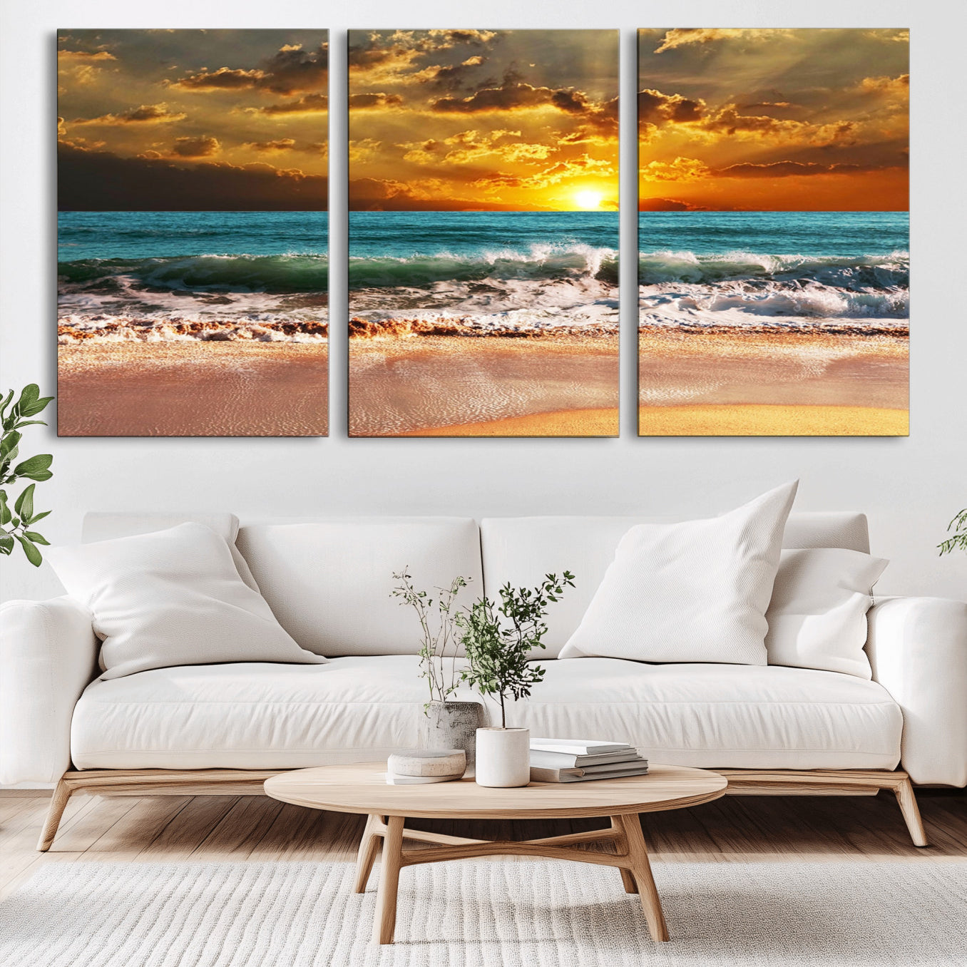 -Golden Sunset Beach Canvas Wall Art – Triptych Seascape Print – Framed and Ready to Hang for Living
