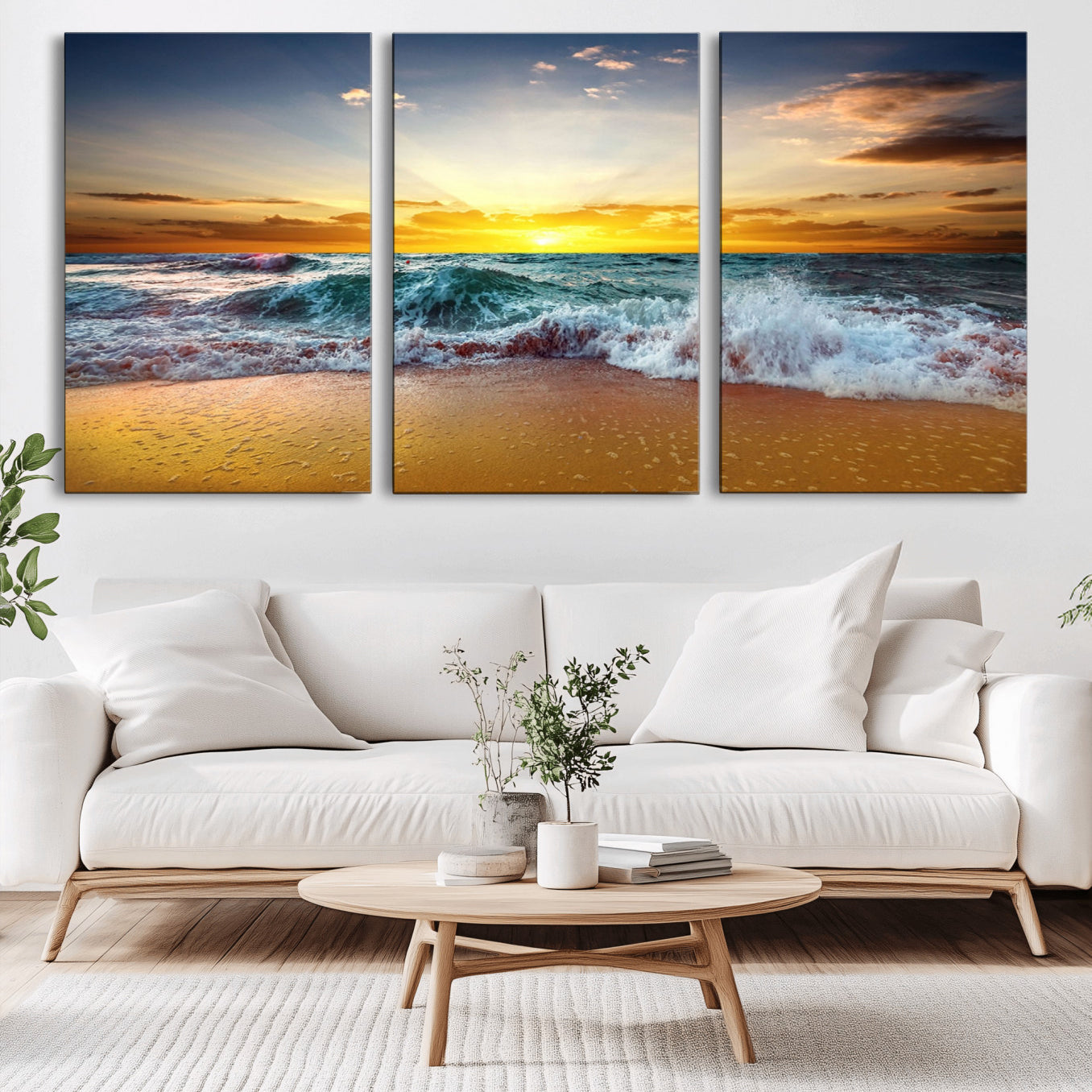 -Golden Sunset Ocean Waves Wall Art Canvas Print – Multi Panel Beach Canvas Print Set – Large Coastal