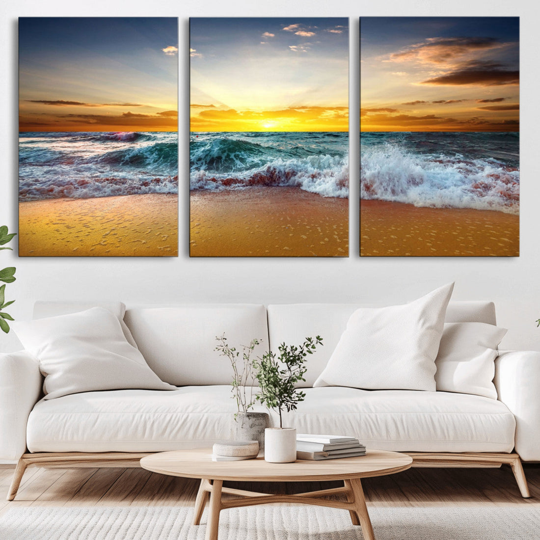 Golden Sunset Ocean Waves Wall Art Canvas Print | Multi Panel Beach Canvas Set, Coastal Triptych