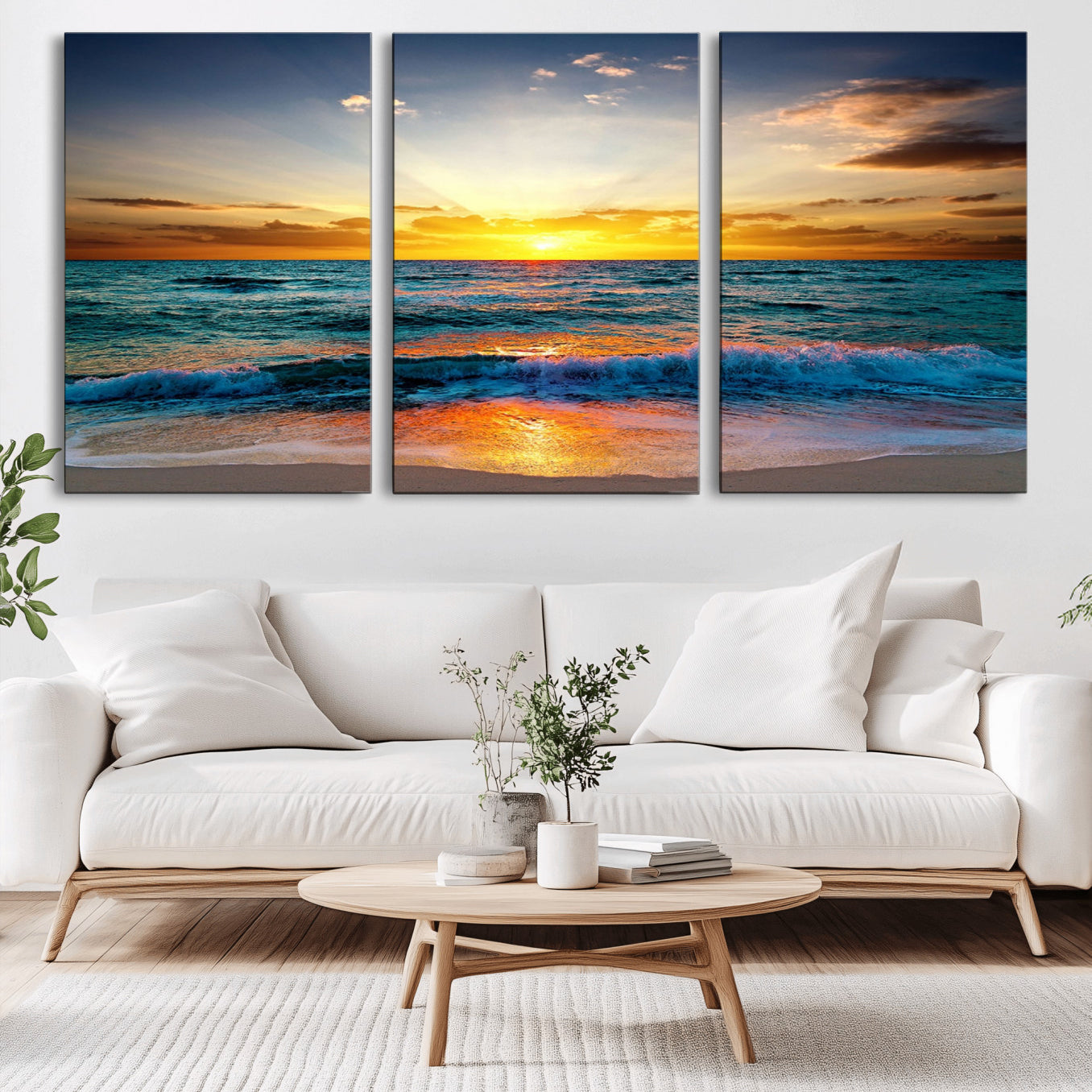 -Vibrant Ocean Sunrise Over Golden Beach Waves, Giclee Canvas Wall Art Set, High-Quality Stretched