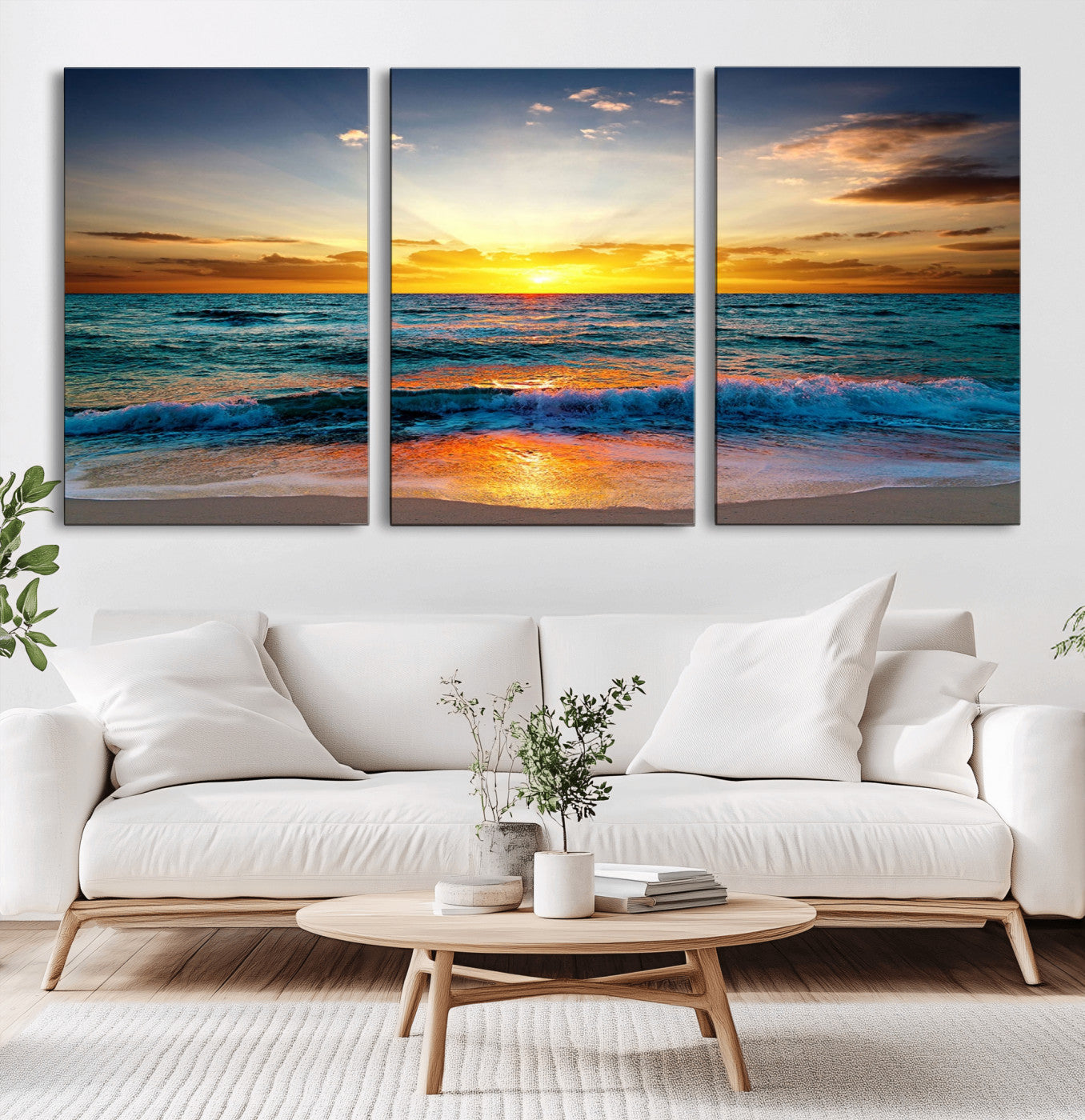 -Vibrant Ocean Sunrise Over Golden Beach Waves, Giclee Canvas Wall Art Set, High-Quality Stretched