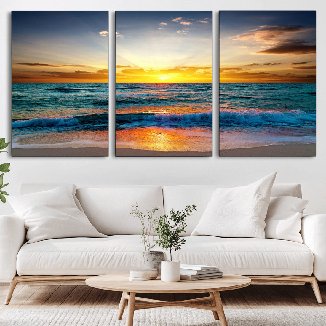 Vibrant Ocean Sunrise Over Golden Beach Waves, Giclee Canvas Wall Art Set