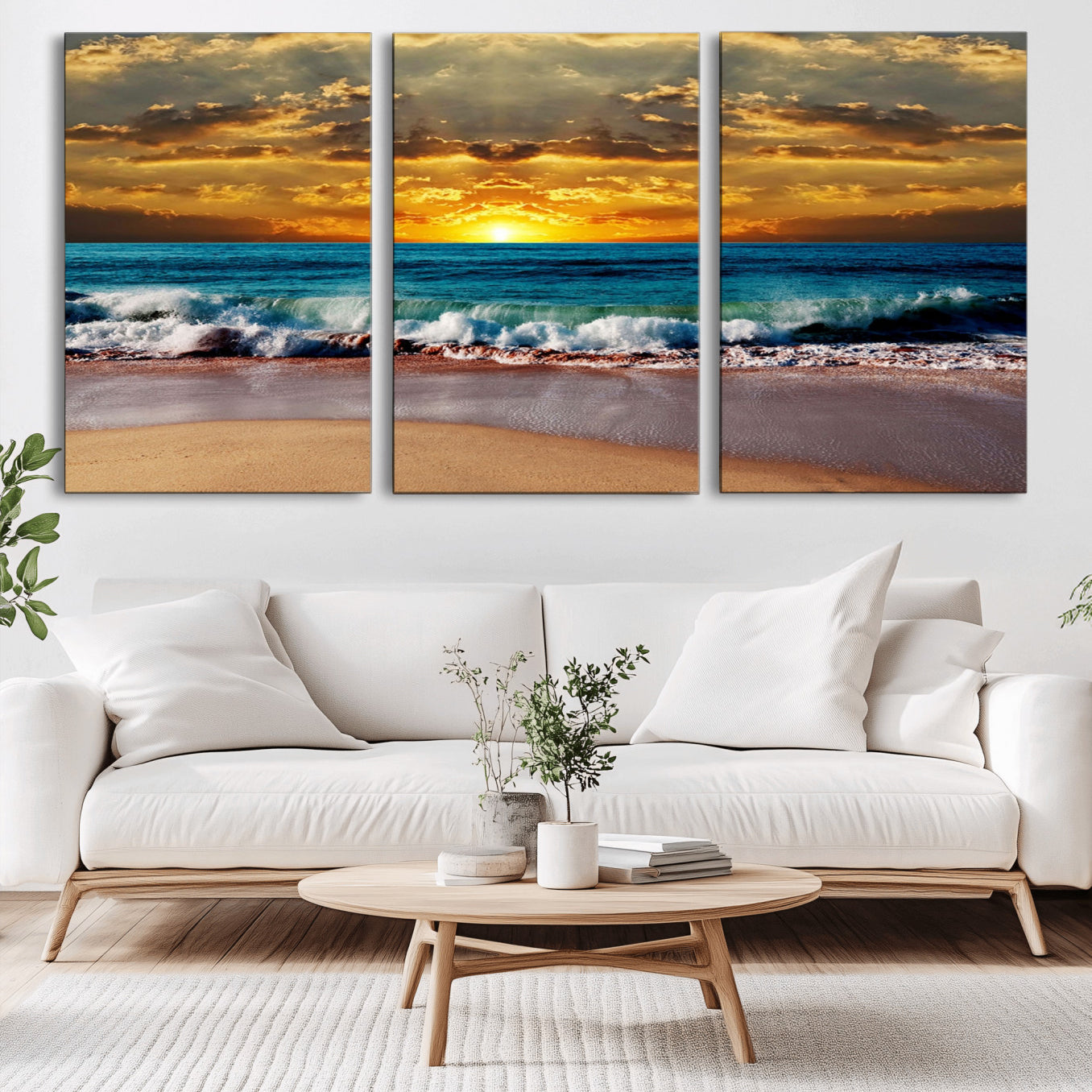 -Ocean Sunrise Over Golden Beach Waves, Giclee Canvas Wall Art Set, High-Quality Stretched Canvas
