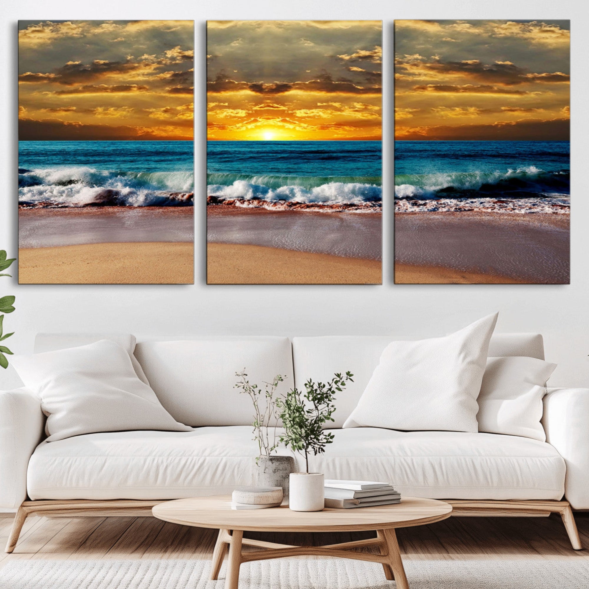 83389-MGV-CV-36X24-Ocean Sunrise Over Golden Beach Waves, Giclee Canvas Wall Art Set, High-Quality Stretched Canvas
