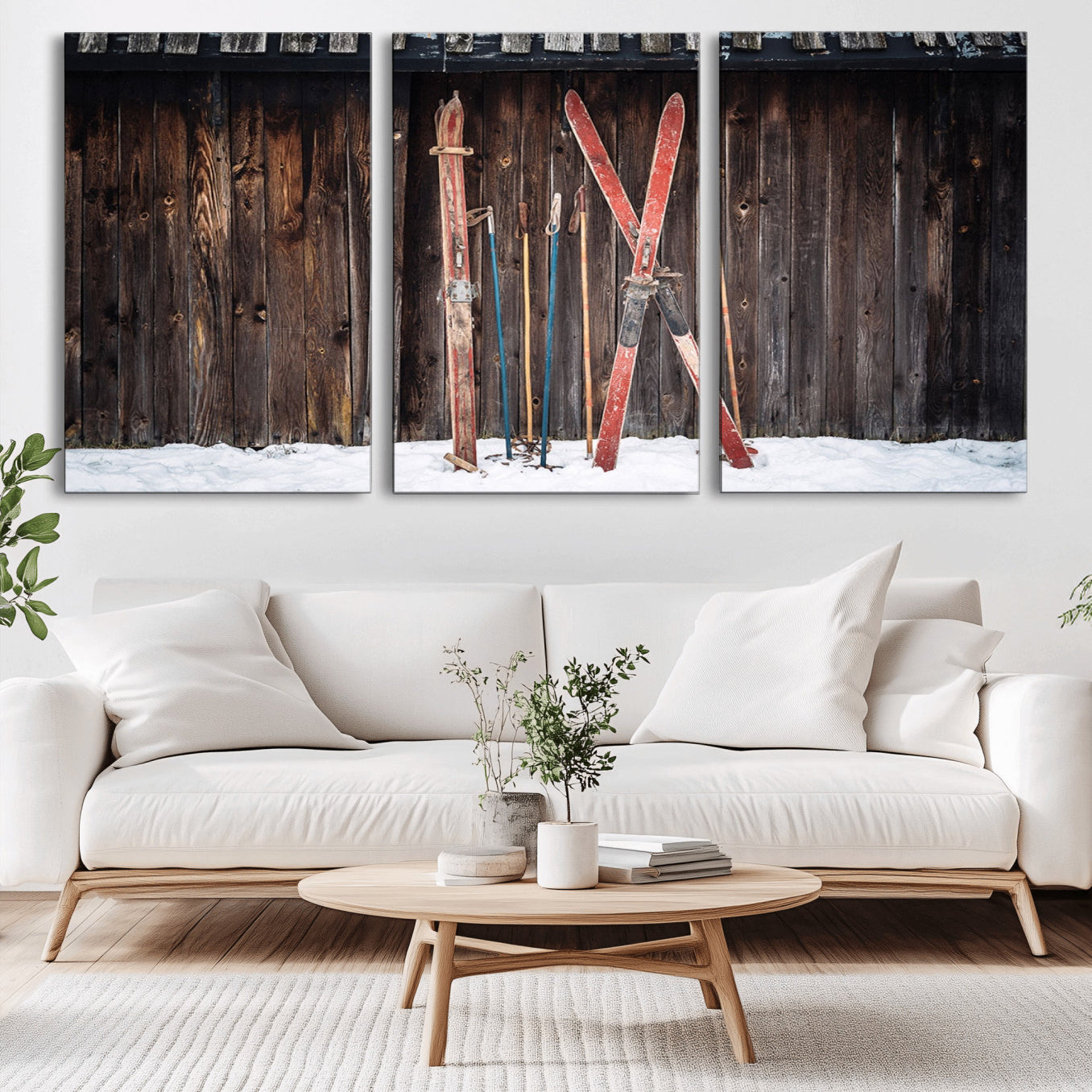 -Vintage Ski Gear Canvas Print, Vintage Ski Gear Against Wooden Cabin Wall, Rustic Winter Sports