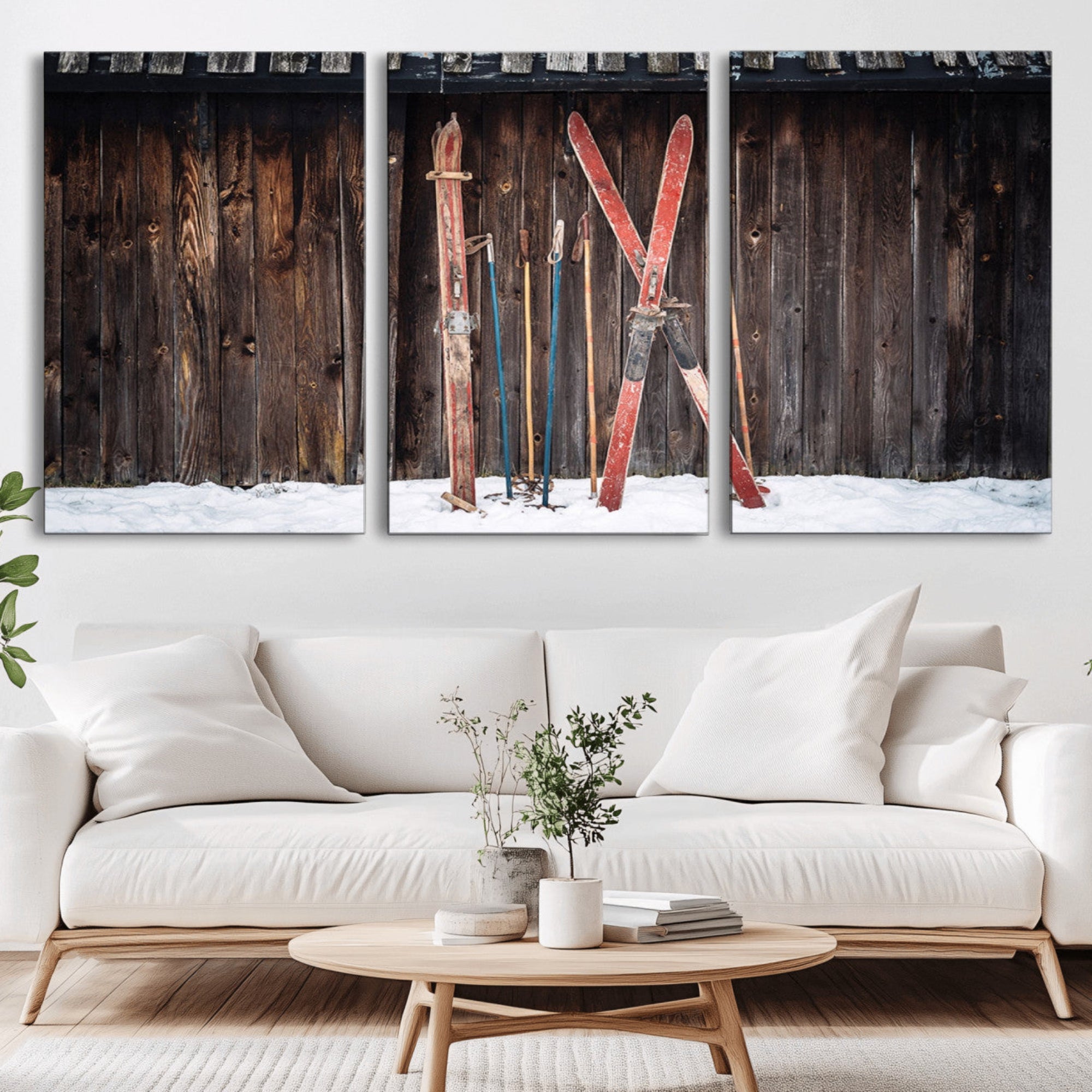 78590-MGV-CV-36X24-Vintage Ski Gear Canvas Print, Vintage Ski Gear Against Wooden Cabin Wall, Rustic Winter Sports