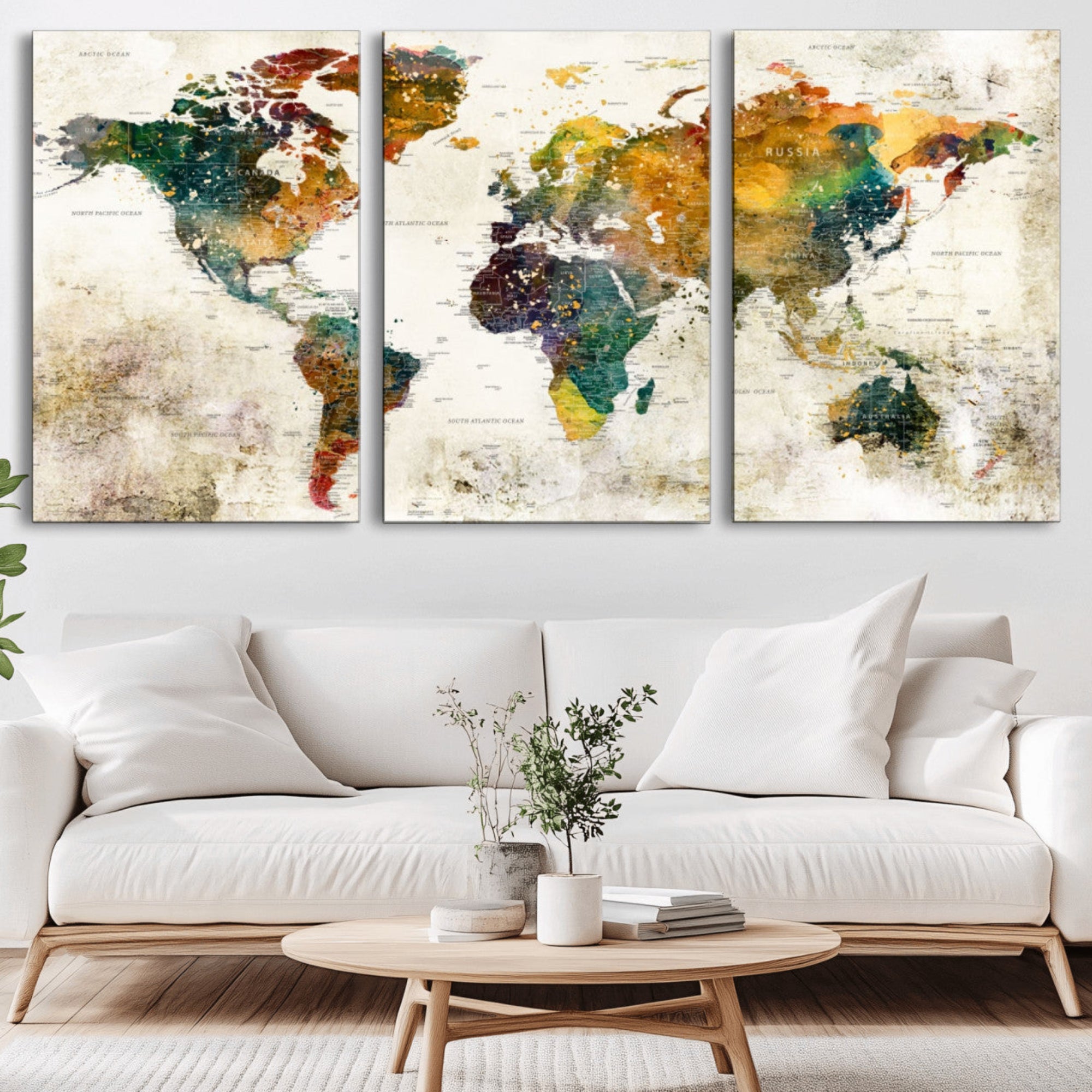 39605-MGV-CV-36X24-Vintage Watercolor World Map Canvas Wall Art – Framed Push Pin Travel Map for Home and Office Decor, Rustic Artistic World Map Artwork