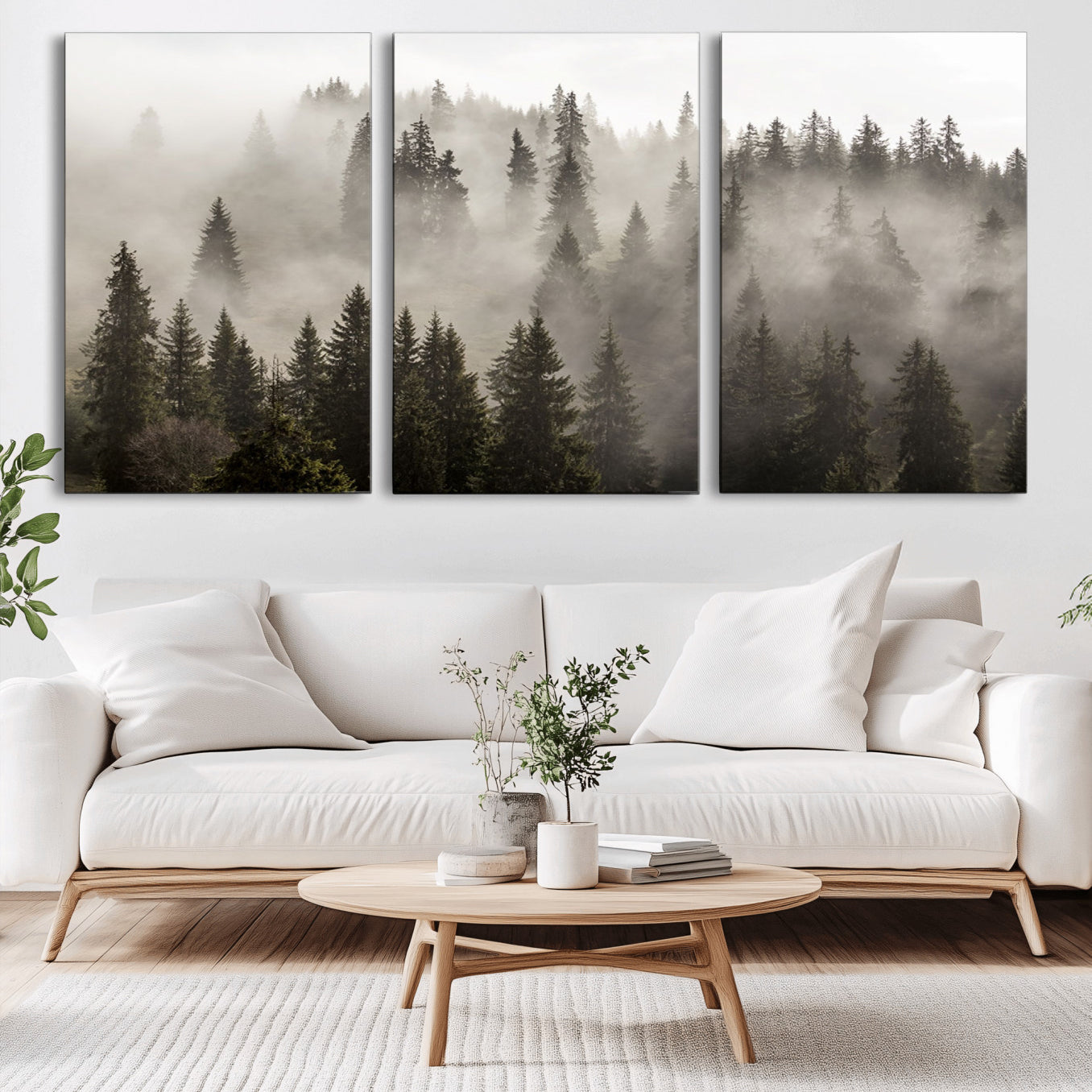 62862-MGV-CV-36X24-Foggy Mountain Wall Art | 3-Panel Foggy Forest and Mountain Landscape | Large Giclee Print for