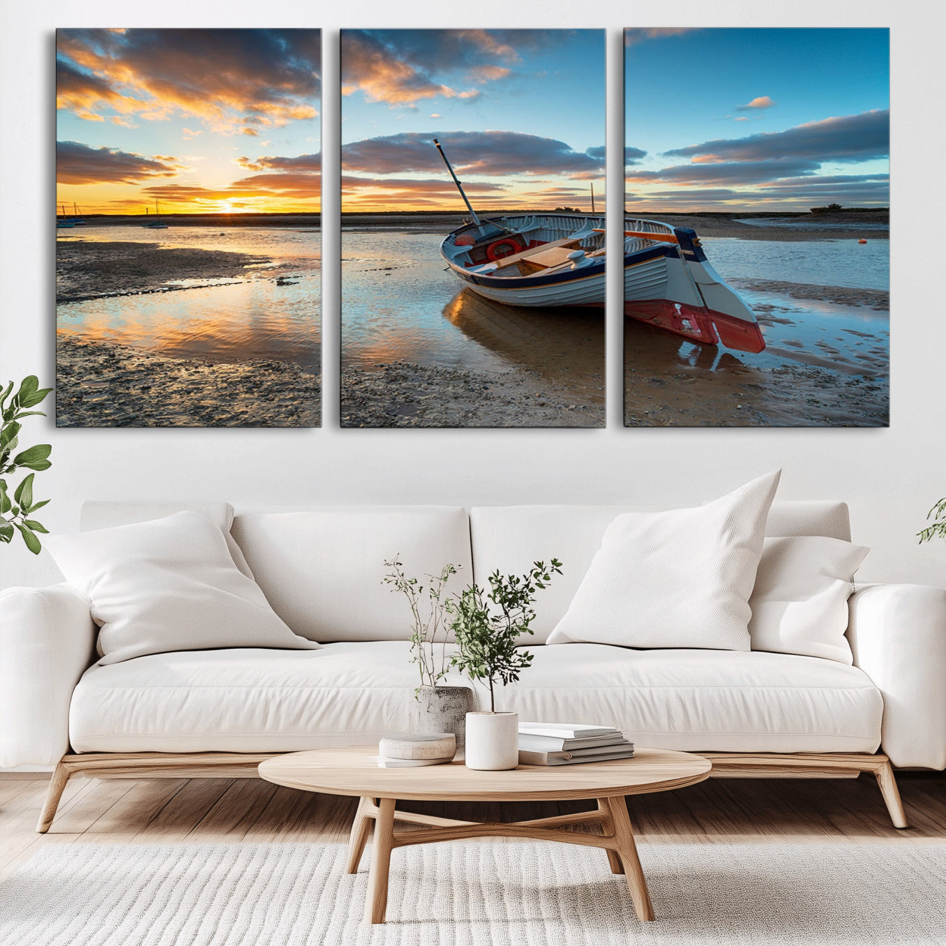 -Small Boat At The Beach Sunset Wall Art, Boat Sunset Wall Art Canvas Print