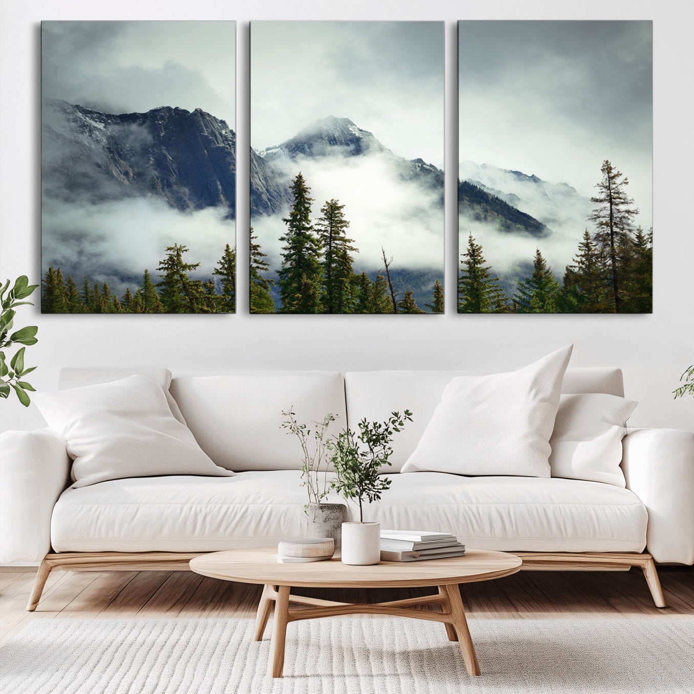 93219-MGV-CV-36X24-Mountain Mist Canvas Wall Art Print | 3-Panel Foggy Forest and Mountain Landscape | Large Giclee