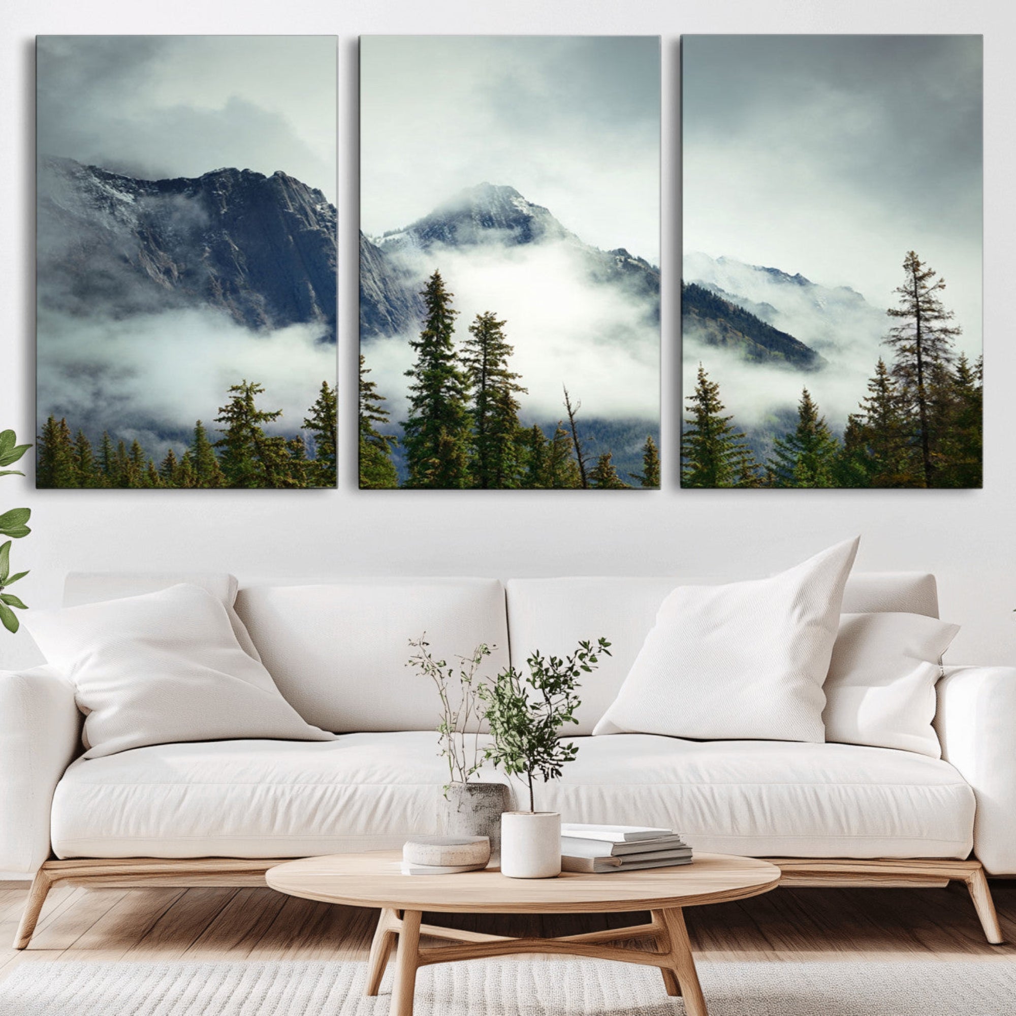 93219-MGV-CV-36X24-Mountain Mist Canvas Wall Art Print | 3-Panel Foggy Forest and Mountain Landscape | Large Giclee