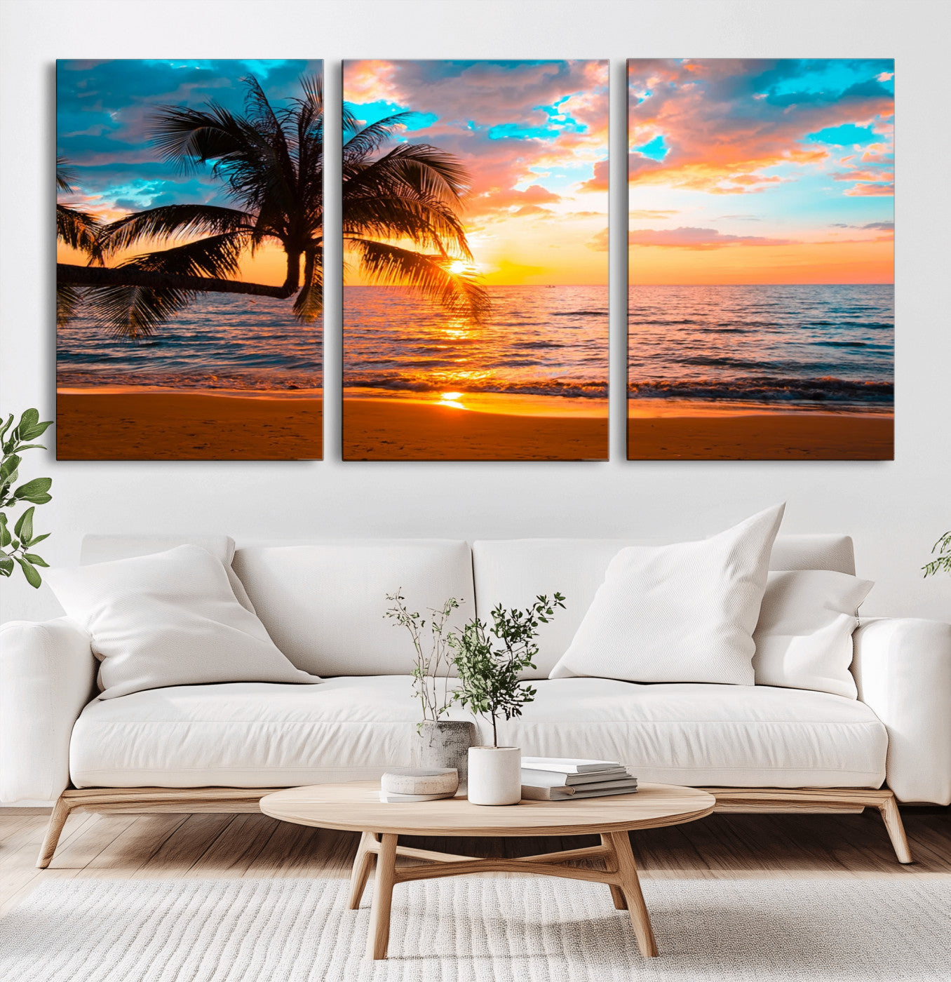 -Palm Tree Sunset On The Beach Wall Art Canvas, Framed Palm Tree Sunset Canvas Print