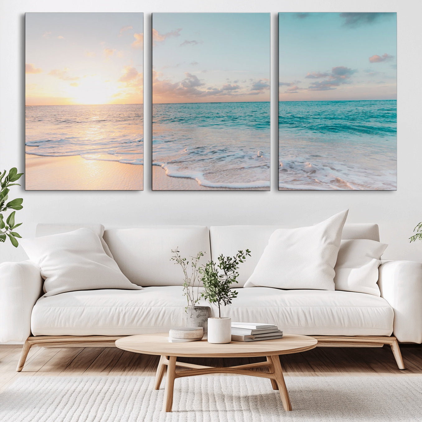 -Tranquil Ocean Beach Sunset Canvas Wall Art | 3-Panel Coastal Decor