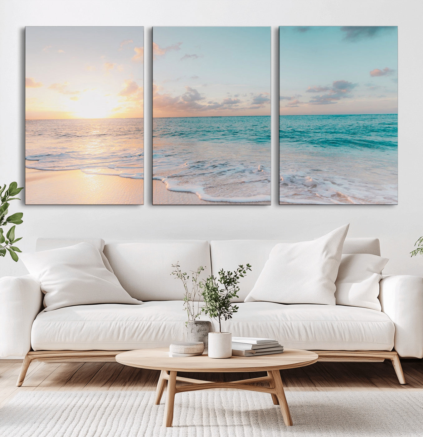 -Tranquil Ocean Beach Sunset Canvas Wall Art | 3-Panel Coastal Decor