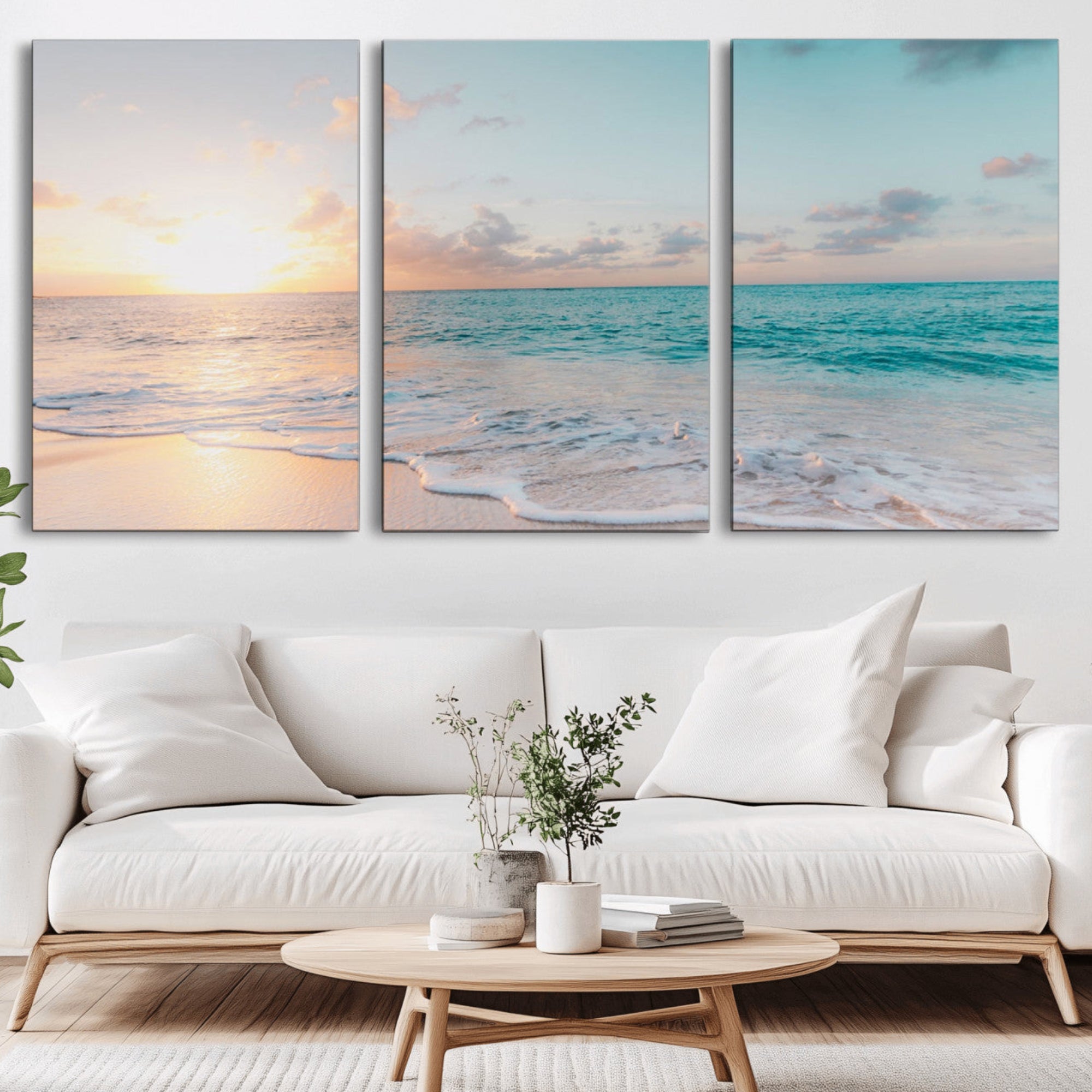 49620-MGV-CV-36X24-Tranquil Ocean Beach Sunset Canvas Wall Art | 3-Panel Coastal Decor