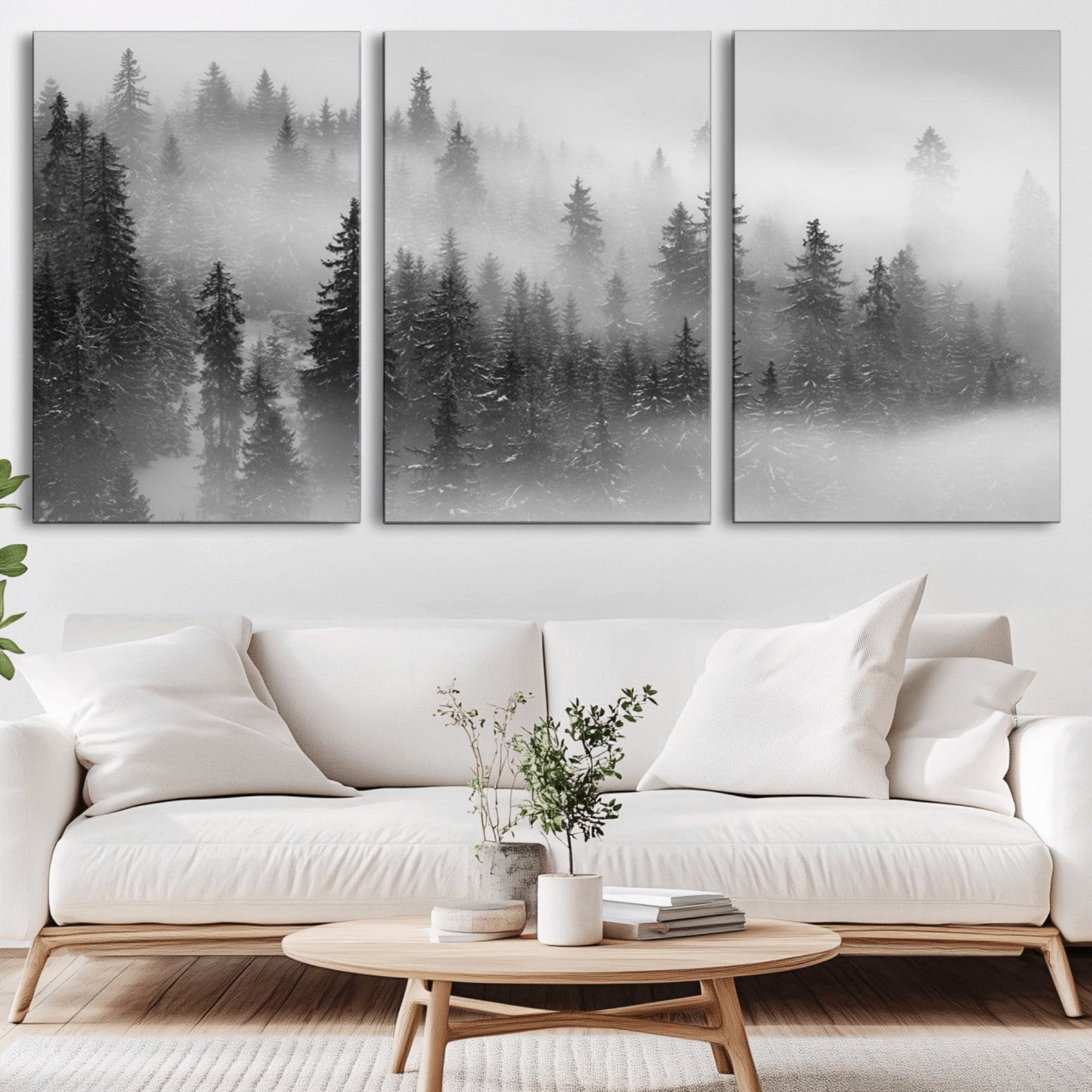 57235-MGV-CV-36X24-Foggy Misty Forest Canvas Wall Art – Black and White Landscape – Framed and Ready to Hang Modern