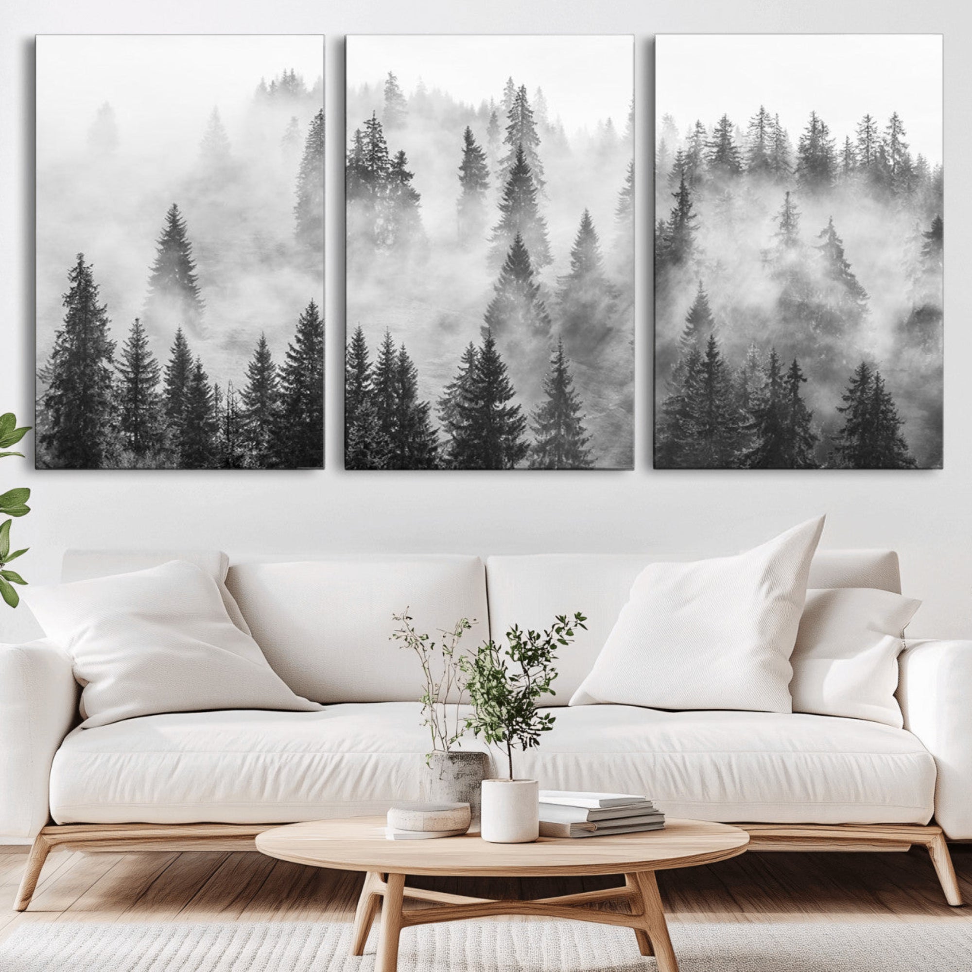 10422-MGV-CV-36X24-Forest Wall Art Print | Foggy Pine Forest Canvas Wall Art - Black and White Nature Decor for Living Room, Office