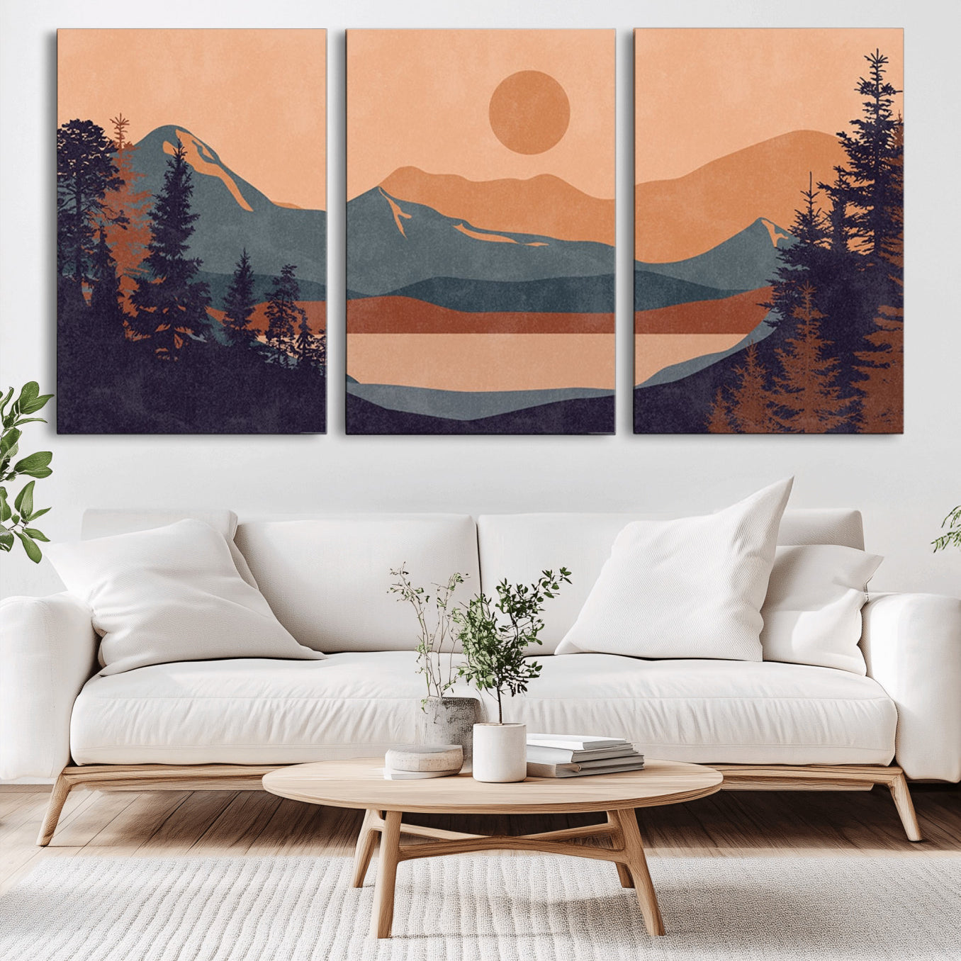 -Modern Boho Sunset Canvas Print, Mountain Landscape Triptych – Giclée Canvas Art Print for Living