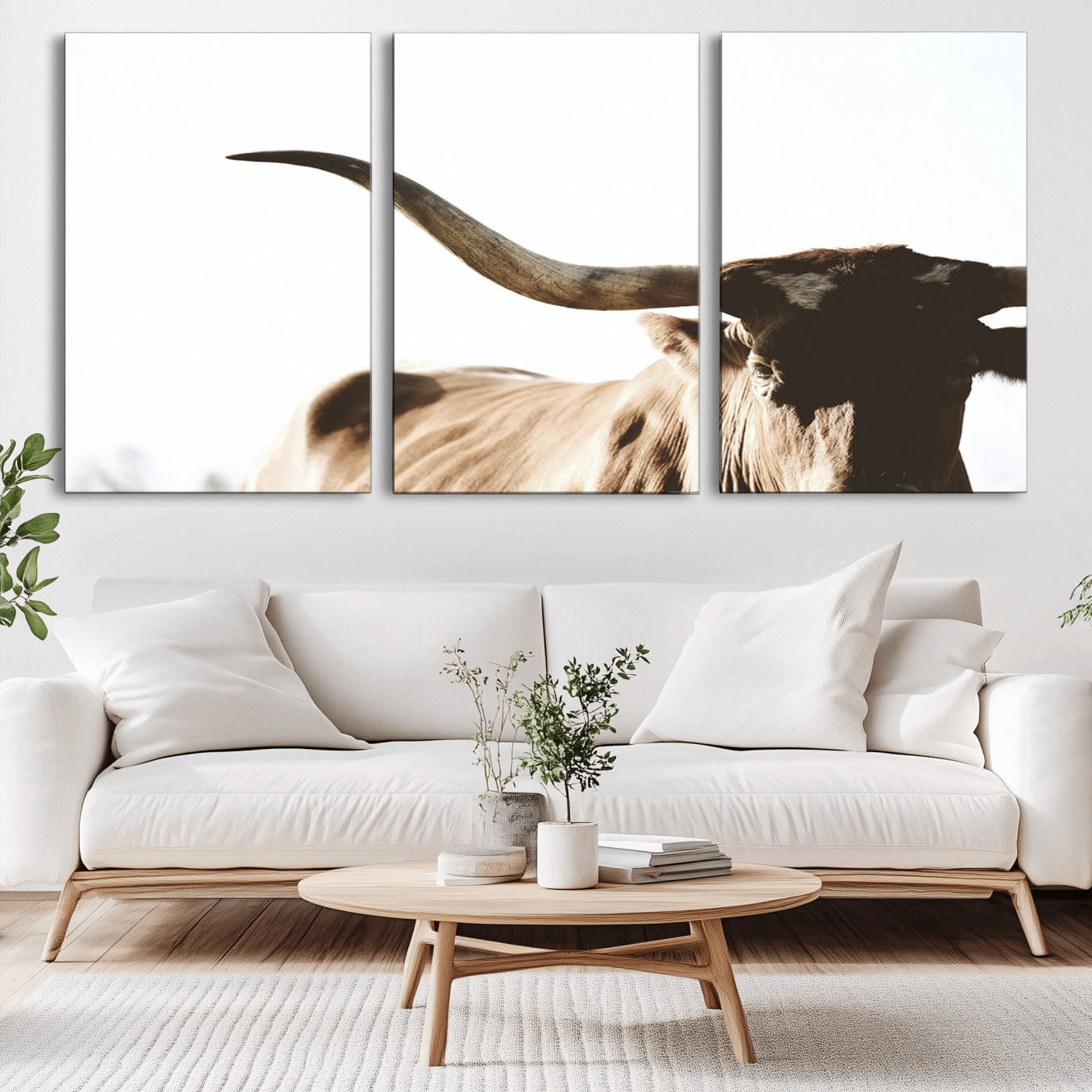 -Texas Longhorn Wall Art Canvas Print | 3-Panel Large Longhorn Canvas Print for Living Room, Framed
