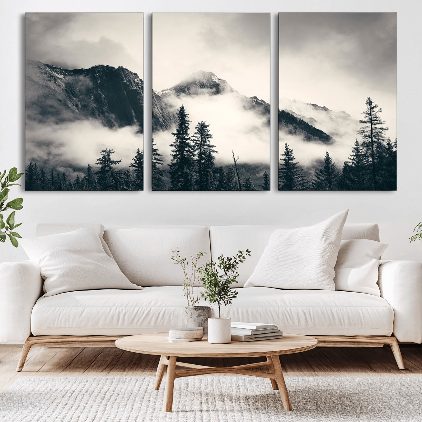59517-MGV-CV-36X24-Forest Mountain Print - Black and White Canvas Wall Art with Misty Forest Design for Elegant and