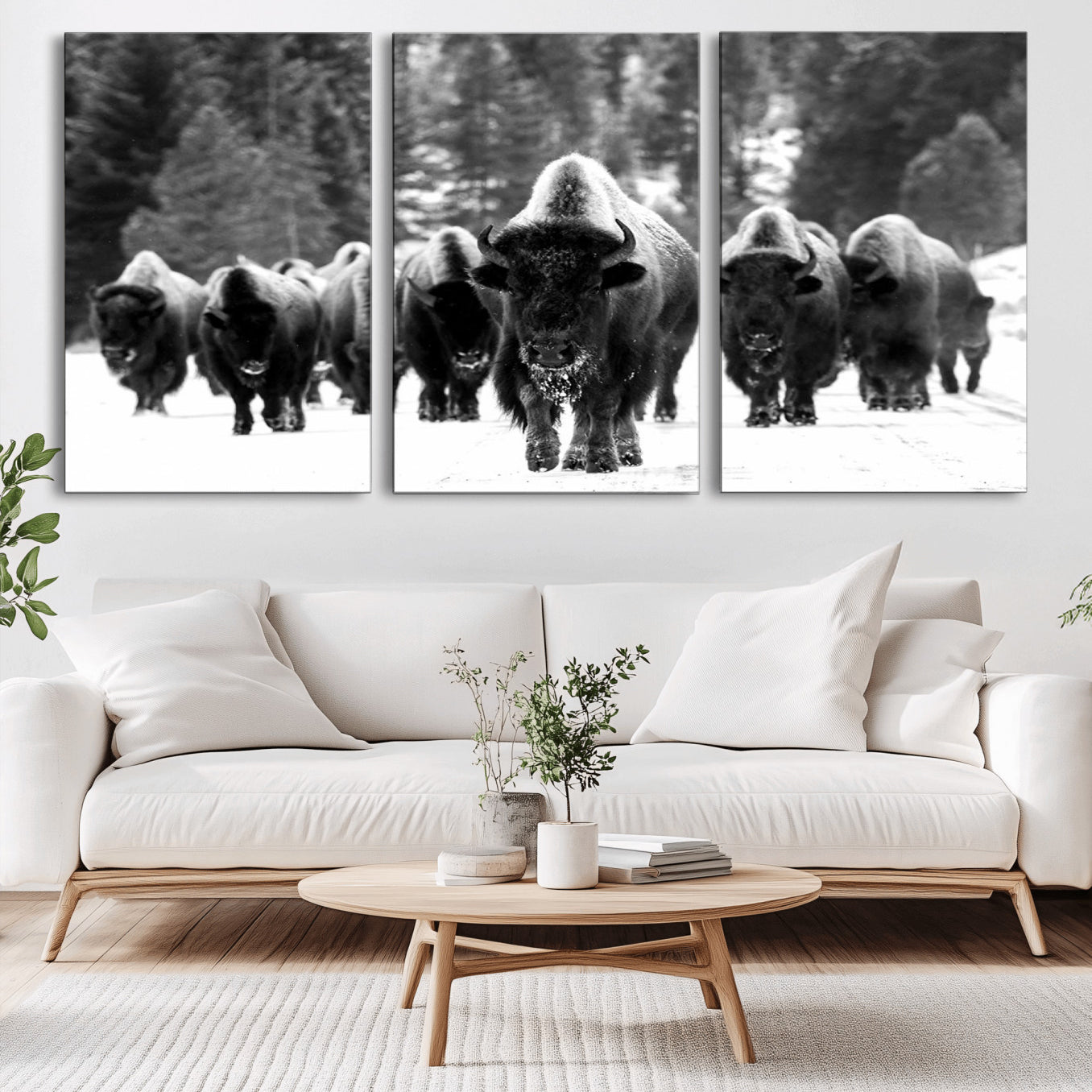 -Bison Herd in Snow Wall Art Canvas Print | Rustic Western Bison Wall Art for Decor for Living Room,
