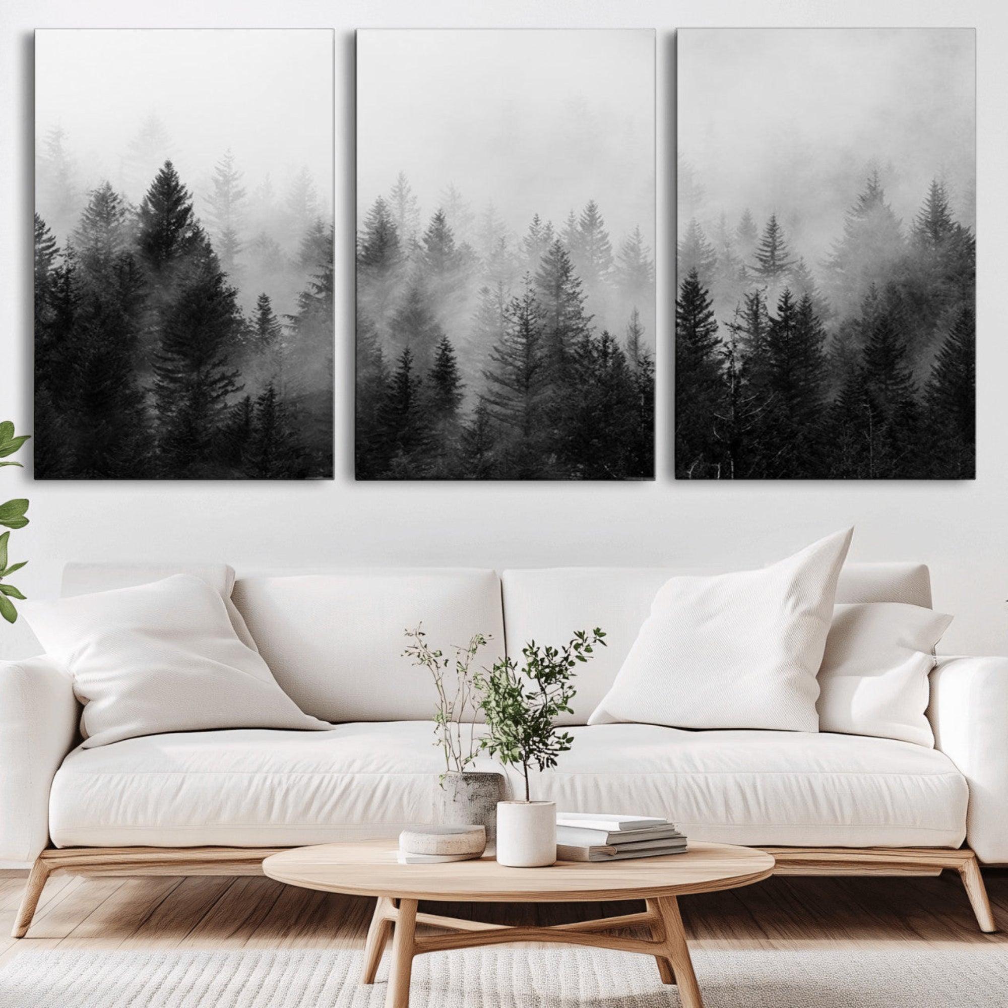 40700-MGV-CV-36X24-Foggy Black and White Forest Canvas Wall Art, 3 Panel Misty Pine Trees Canvas Print for Living Room,