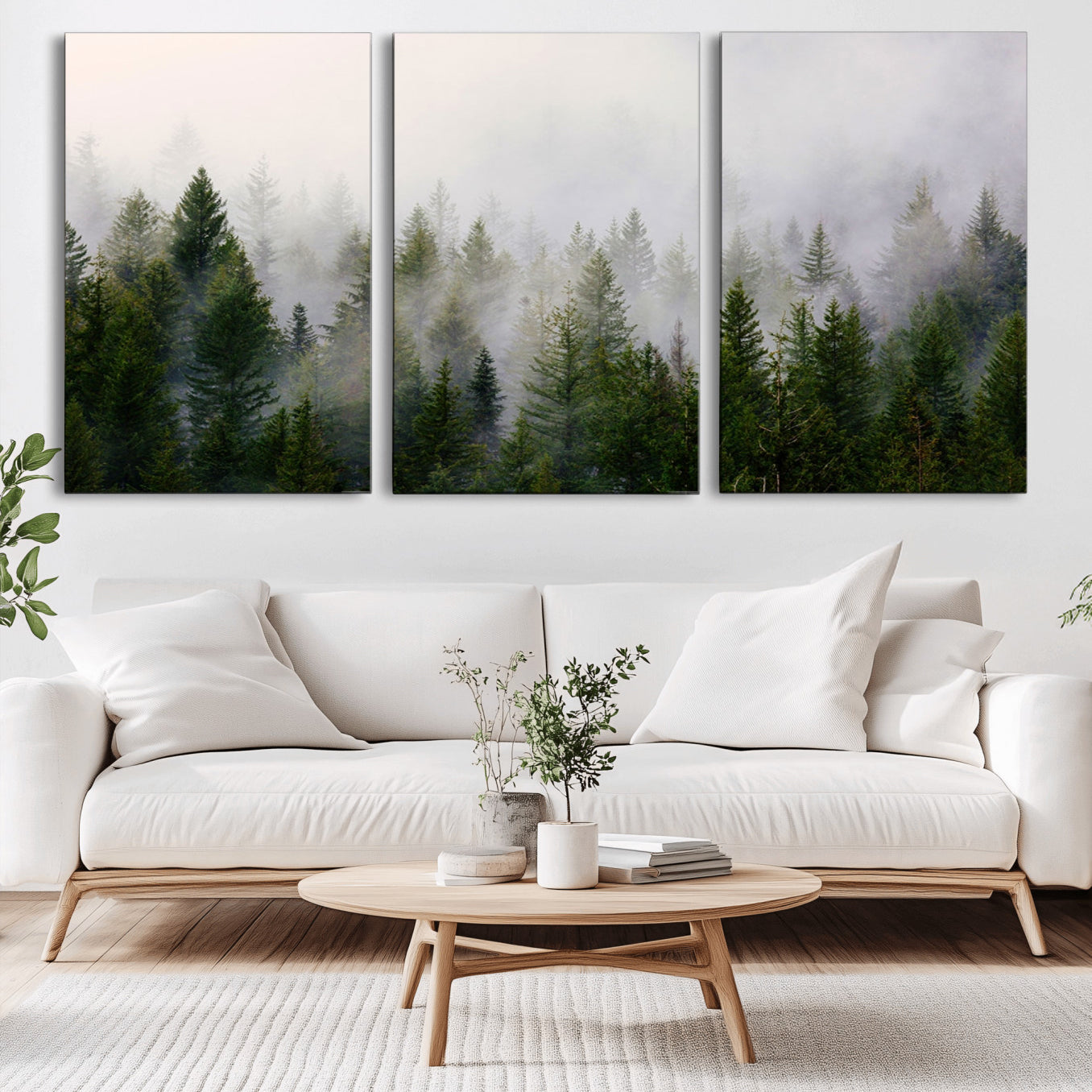 11436-MGV-CV-36X24-Misty Pine Forest Wall Art Canvas Print | 3 Panel Green Woodland Canvas Print for Living Room,