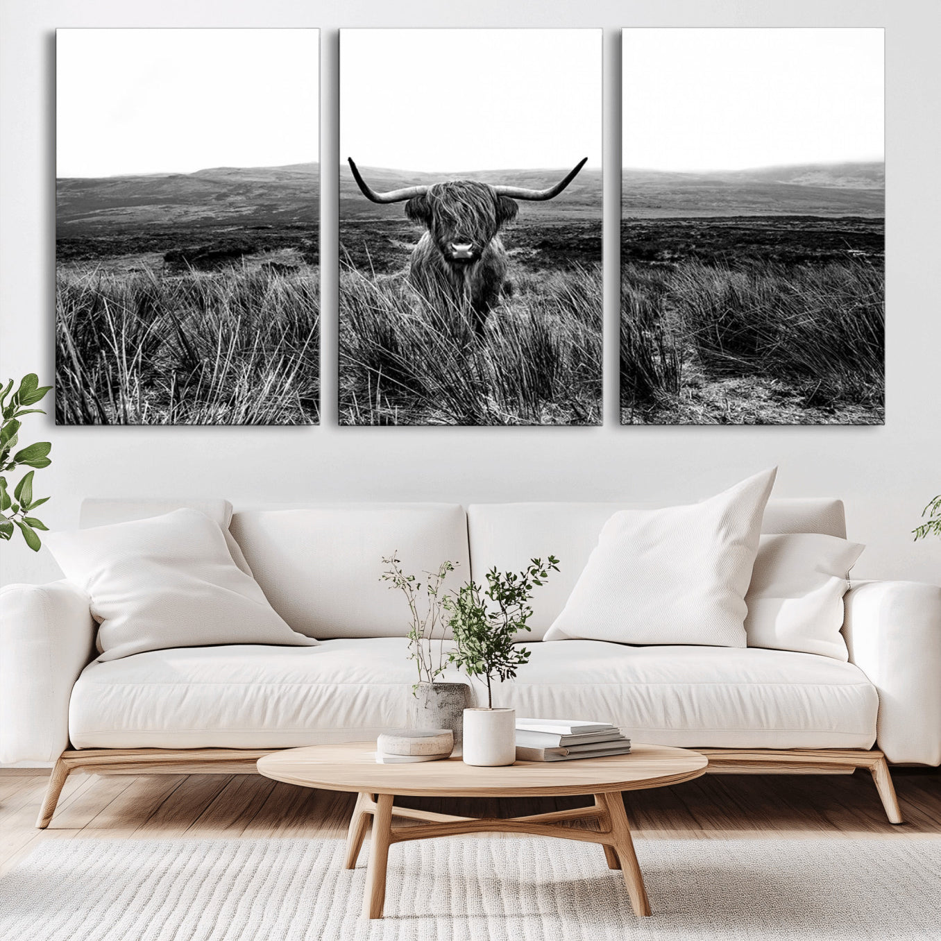 -Black and White Highland Cow Canvas Wall Art, Longhorn Triptych Western Wall Decor for Cabin -